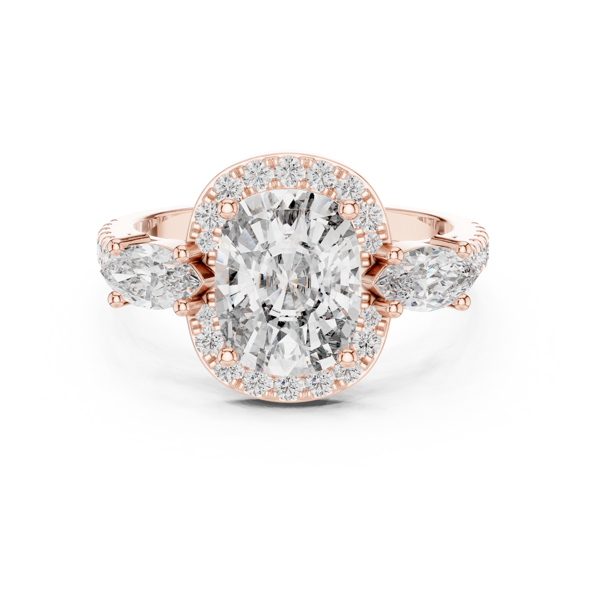 Cushion Cut Halo Engagement Ring with Marquise Side Stones and Pavé Diamond Band