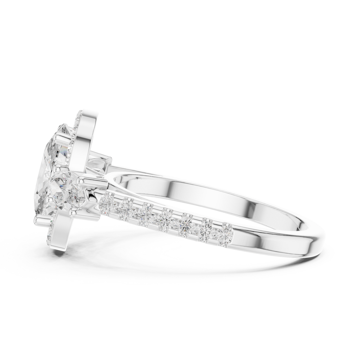 Cushion Cut Halo Engagement Ring with Marquise Side Stones and Pavé Diamond Band