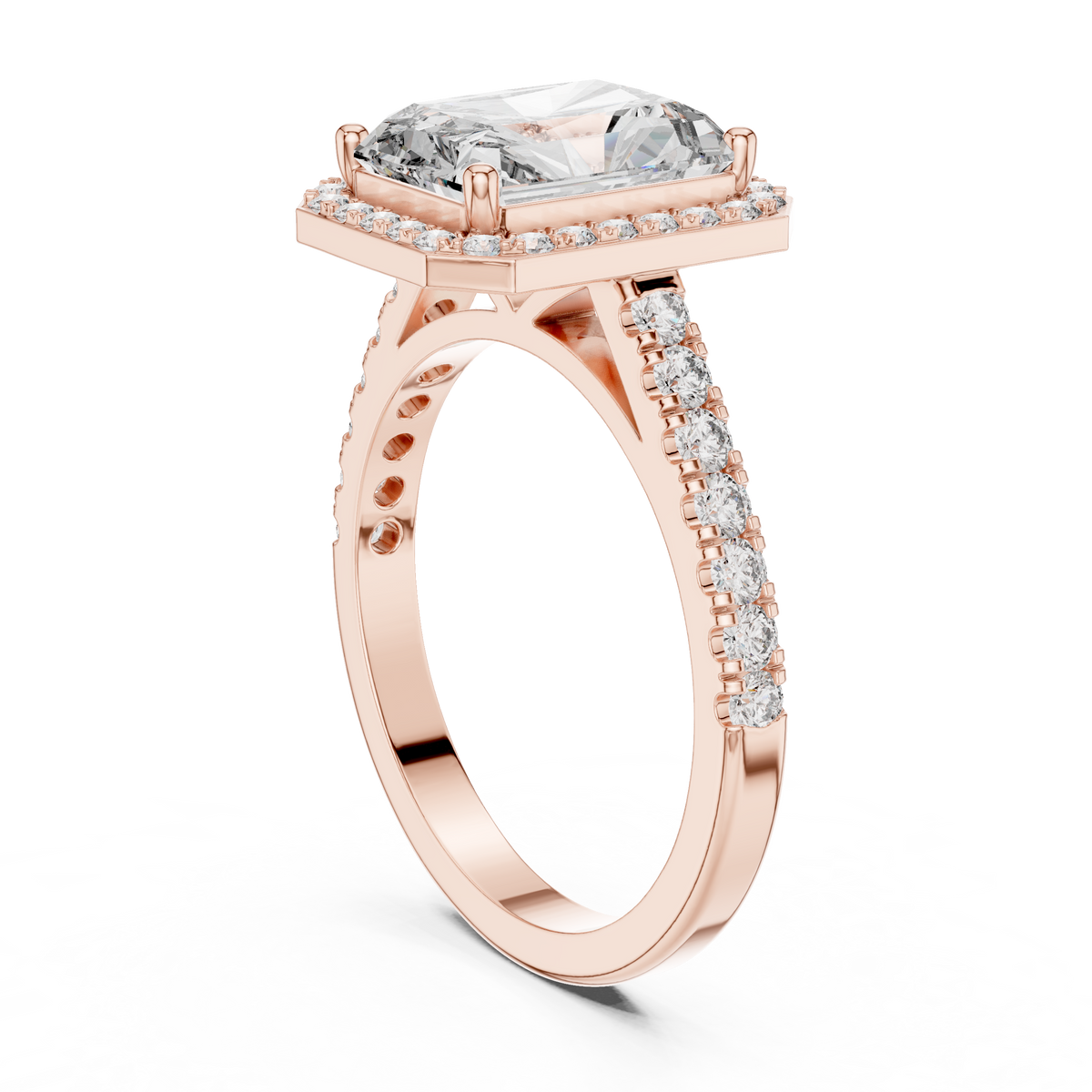 Radiant Cut Diamond Halo Engagement Ring with Pavé Band