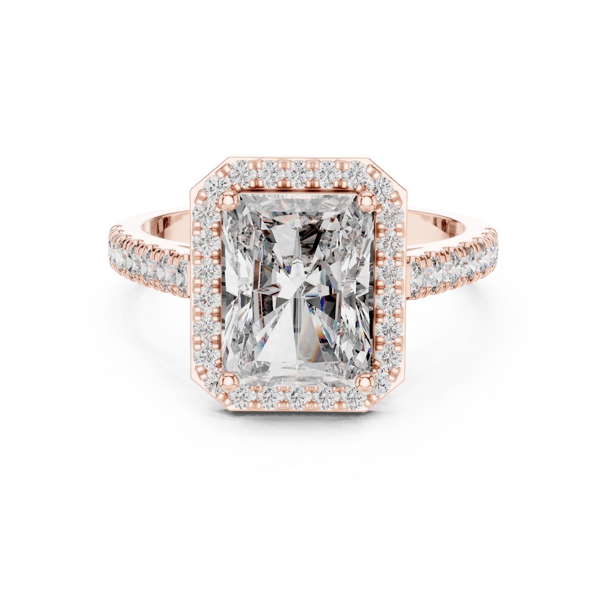 Radiant Cut Diamond Halo Engagement Ring with Pavé Band