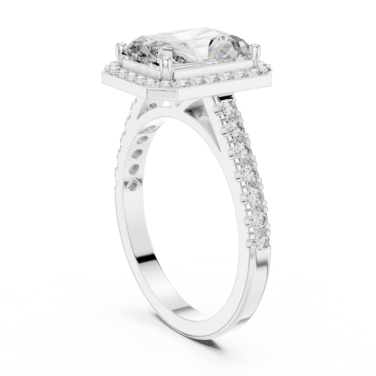 Radiant Cut Diamond Halo Engagement Ring with Pavé Band