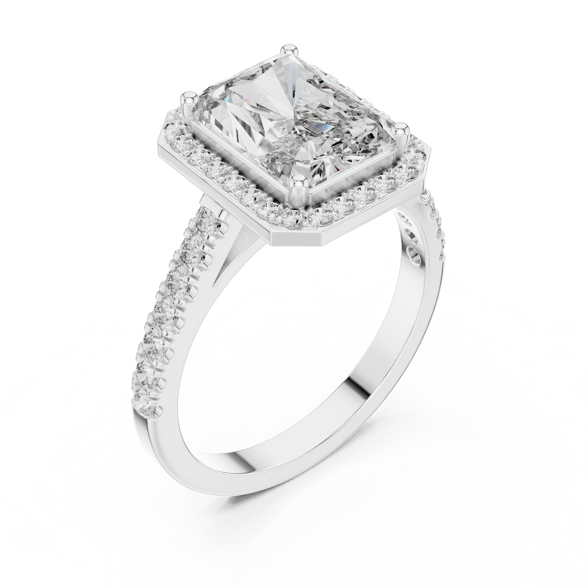 Radiant Cut Diamond Halo Engagement Ring with Pavé Band