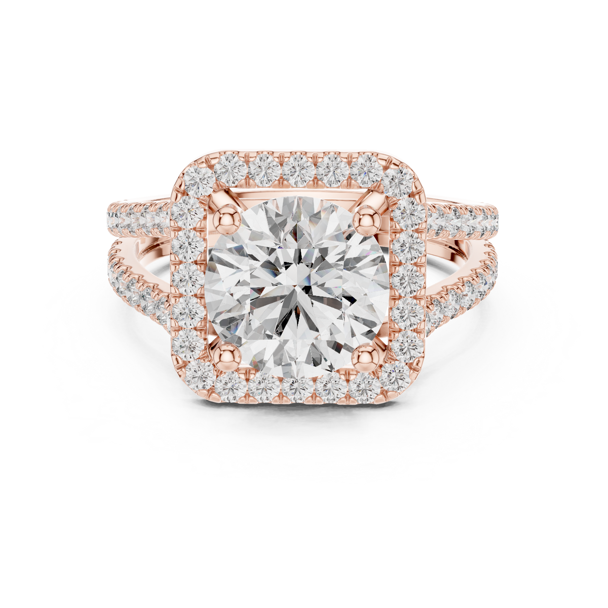 Round Cut Diamond Halo Engagement Ring with Split Shank Pavé Band