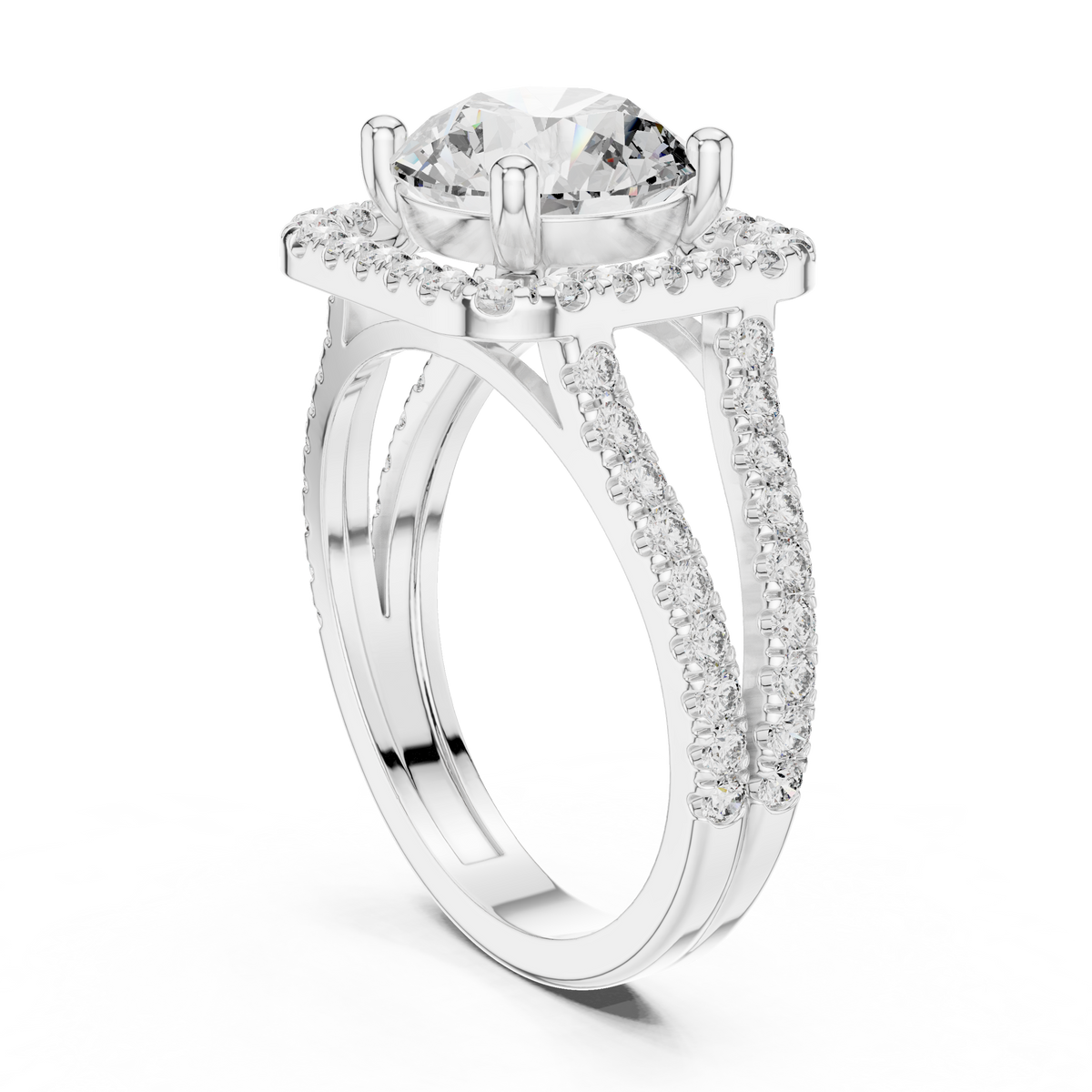 Round Cut Diamond Halo Engagement Ring with Split Shank Pavé Band