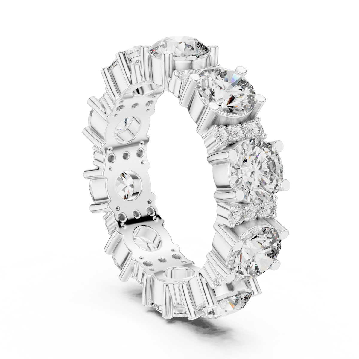 Wide Round Stone Eternity Band with Accent Clusters
