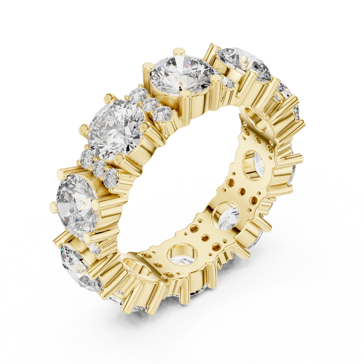 Wide Round Stone Eternity Band with Accent Clusters