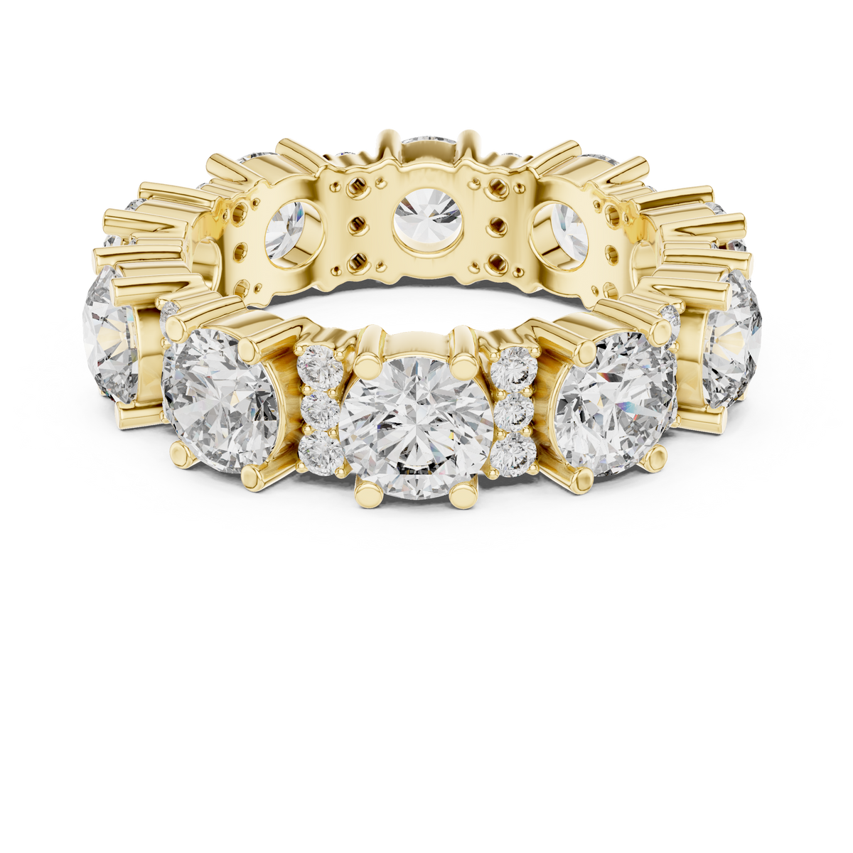 Wide Round Stone Eternity Band with Accent Clusters