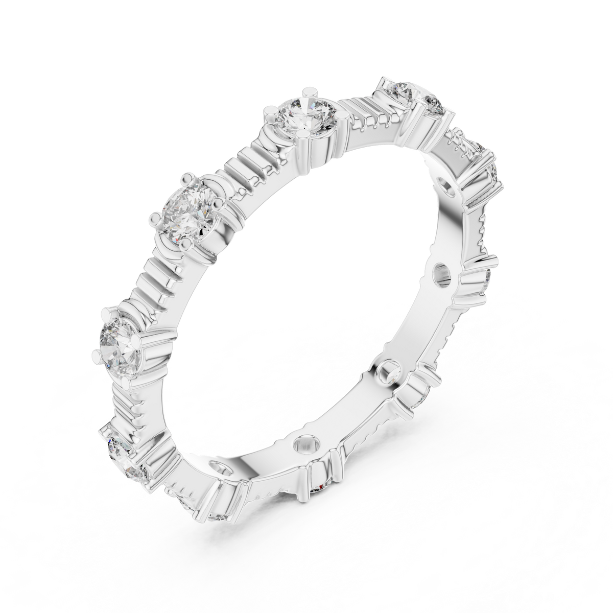 Round Diamond Station Eternity Band with Sculpted Ribbed Gold Details