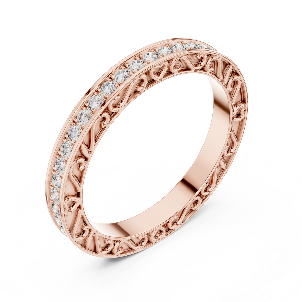 Round Diamond Eternity Band with Ornamental Heart & Scroll Detailing