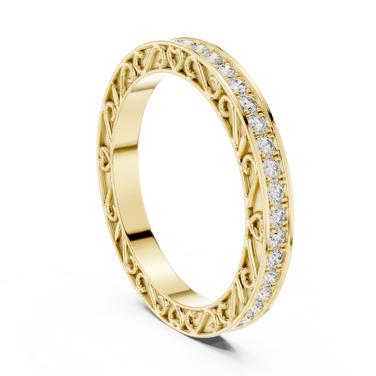 Round Diamond Eternity Band with Ornamental Heart & Scroll Detailing