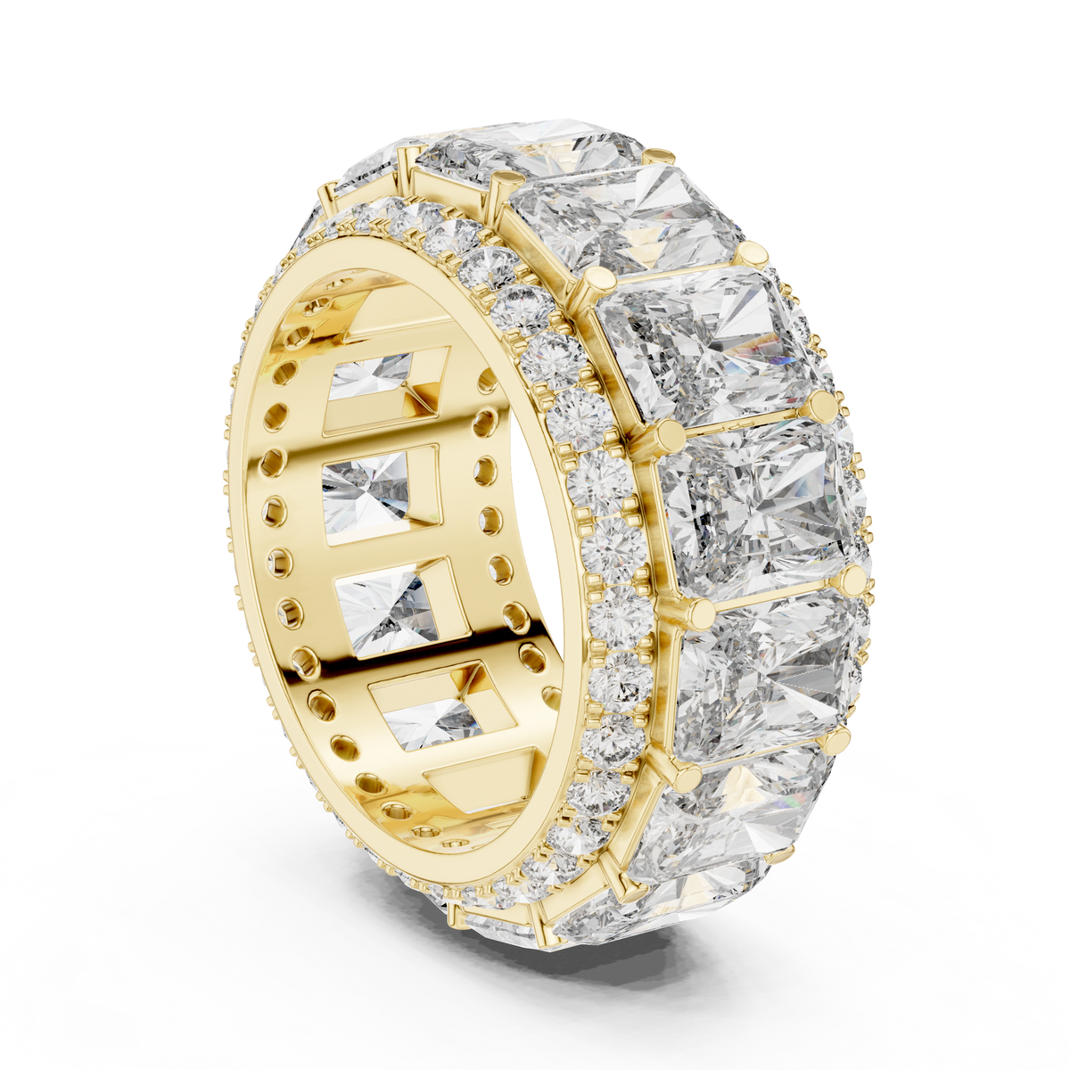 Radiant Cut Eternity Statement Ring with Double Round Stone Borders