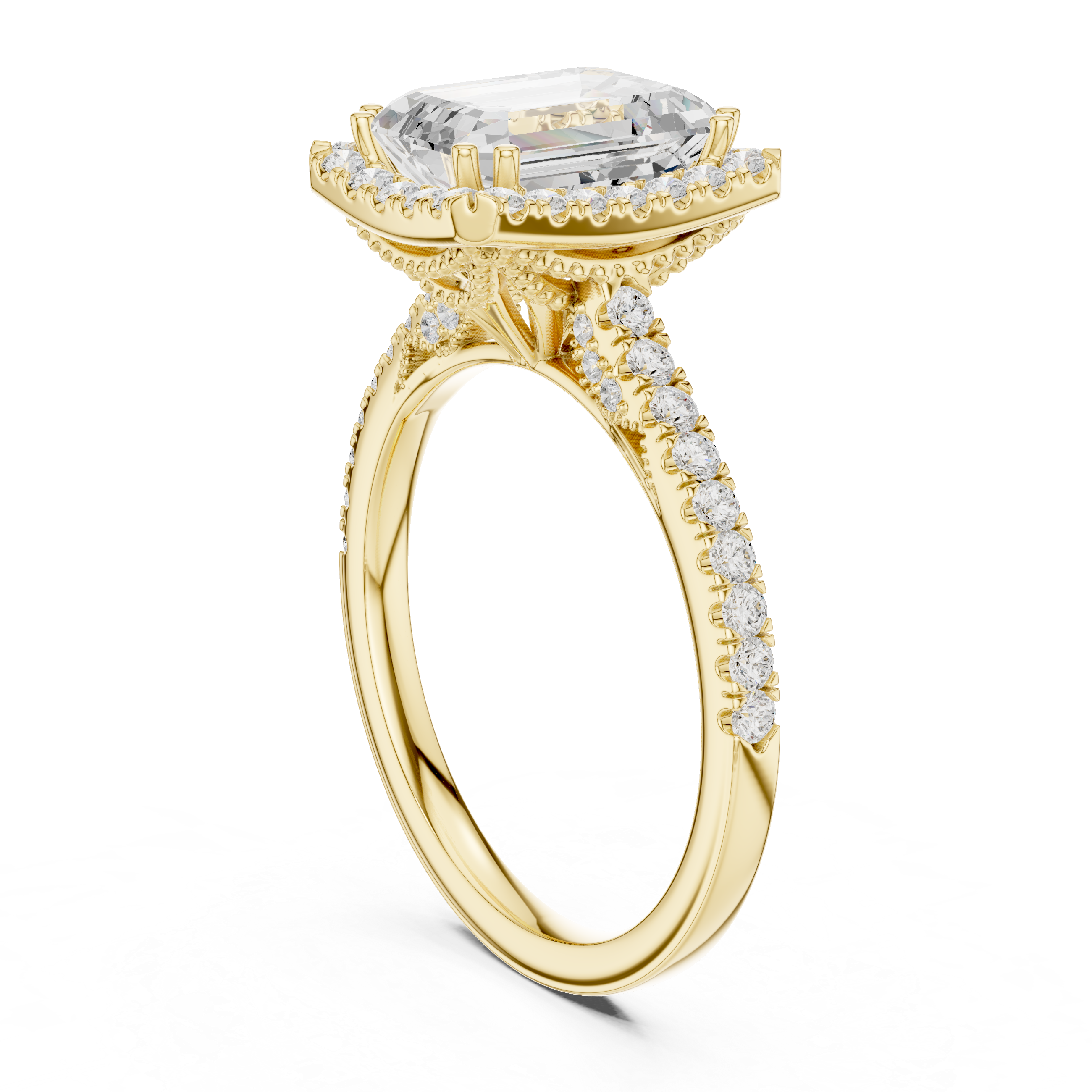 Emerald Cut Halo Diamond Engagement Ring with Pavé Band