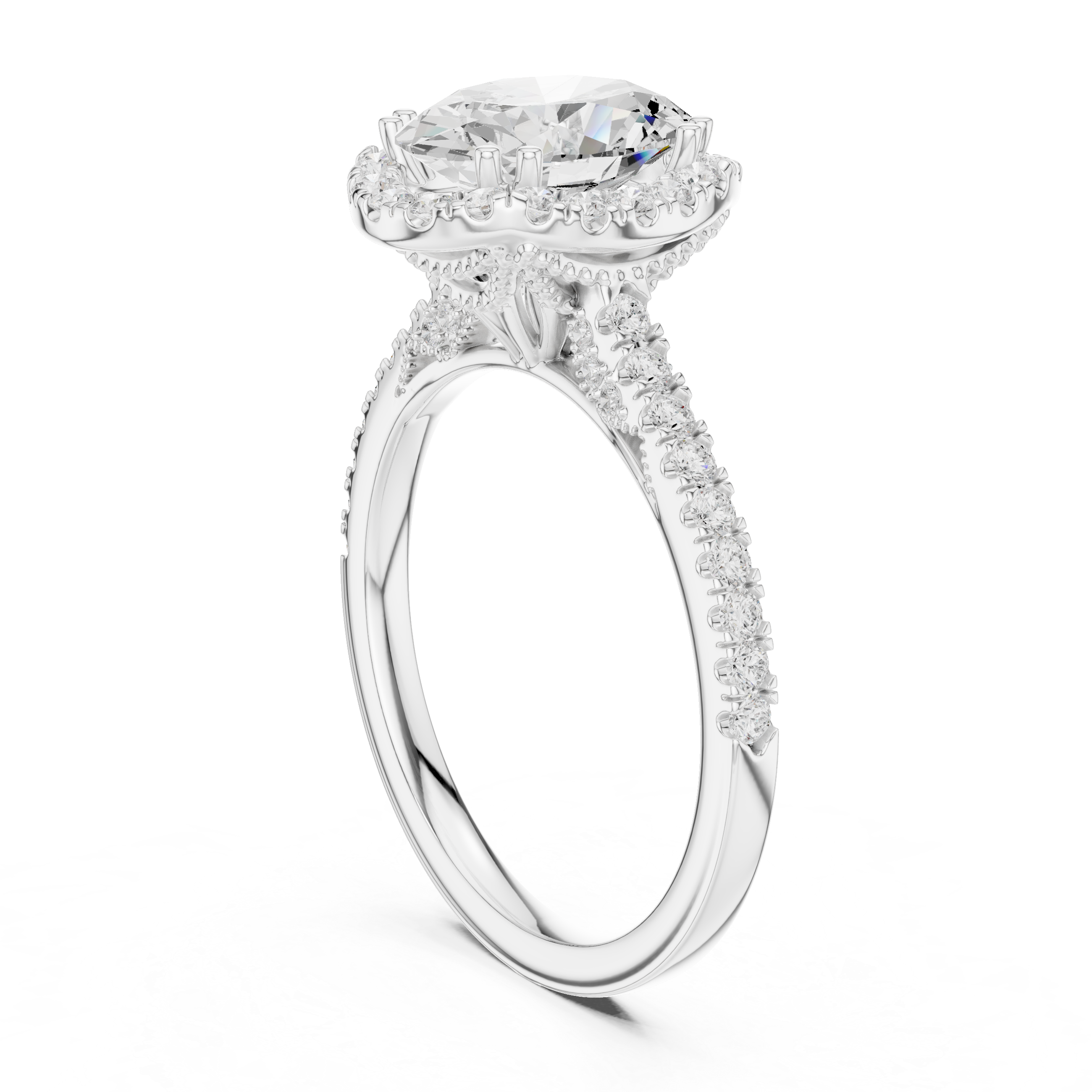 Oval Cut Halo Diamond Engagement Ring with Pavé Band