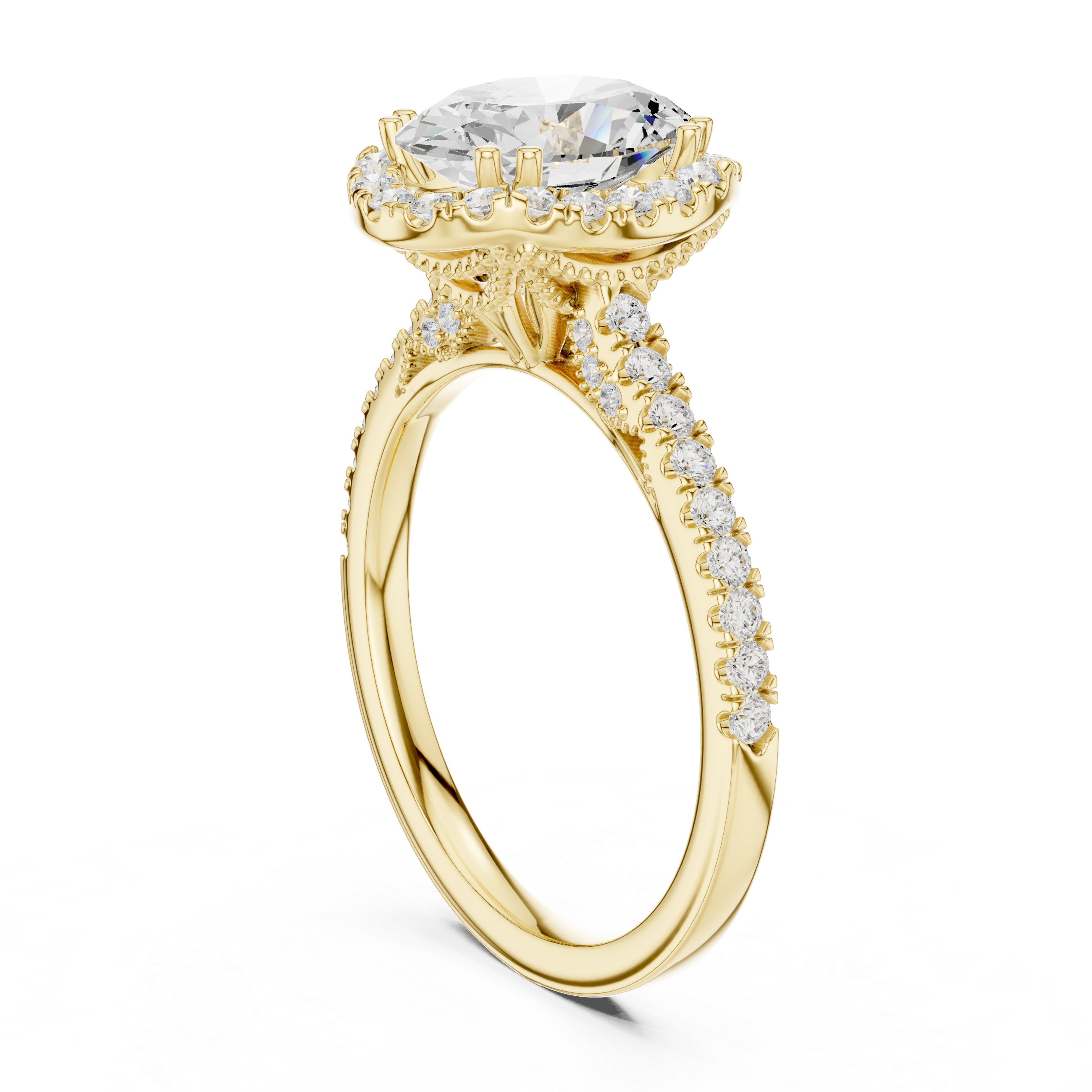 Oval Cut Halo Diamond Engagement Ring with Pavé Band