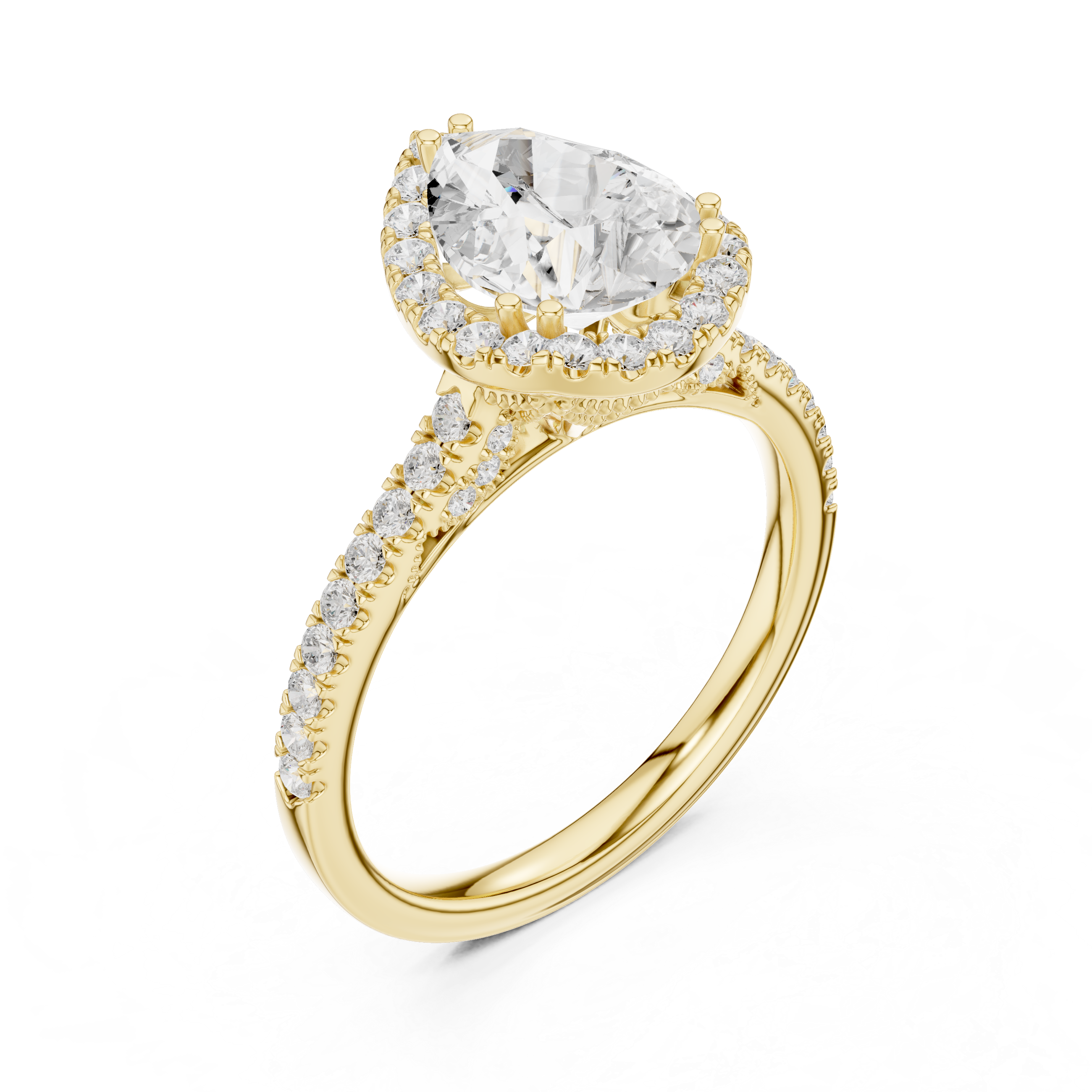 Pear Cut Halo Diamond Engagement Ring with Pavé Band