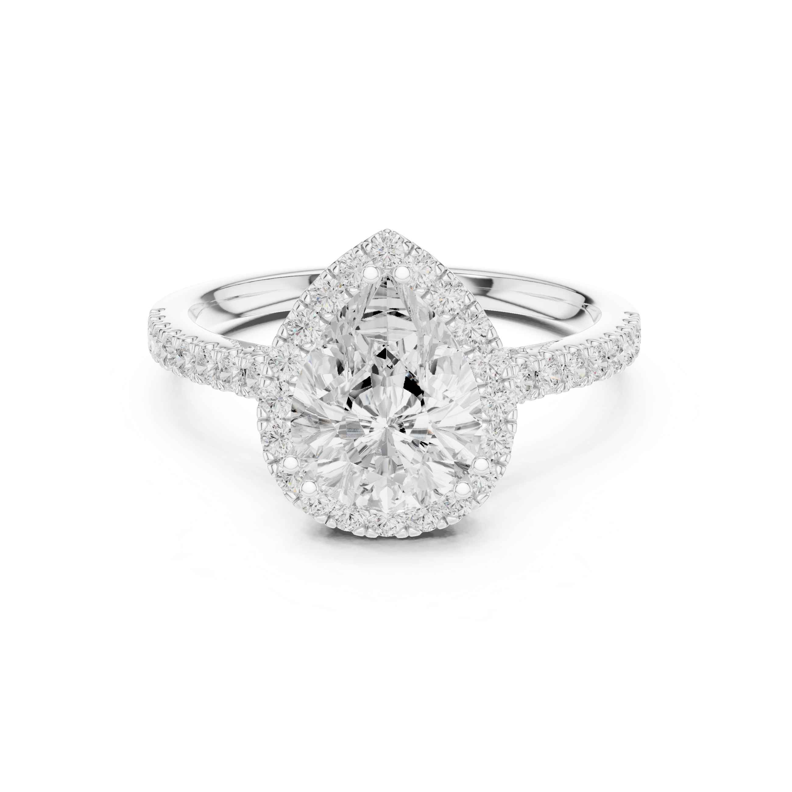 Pear Cut Halo Diamond Engagement Ring with Pavé Band