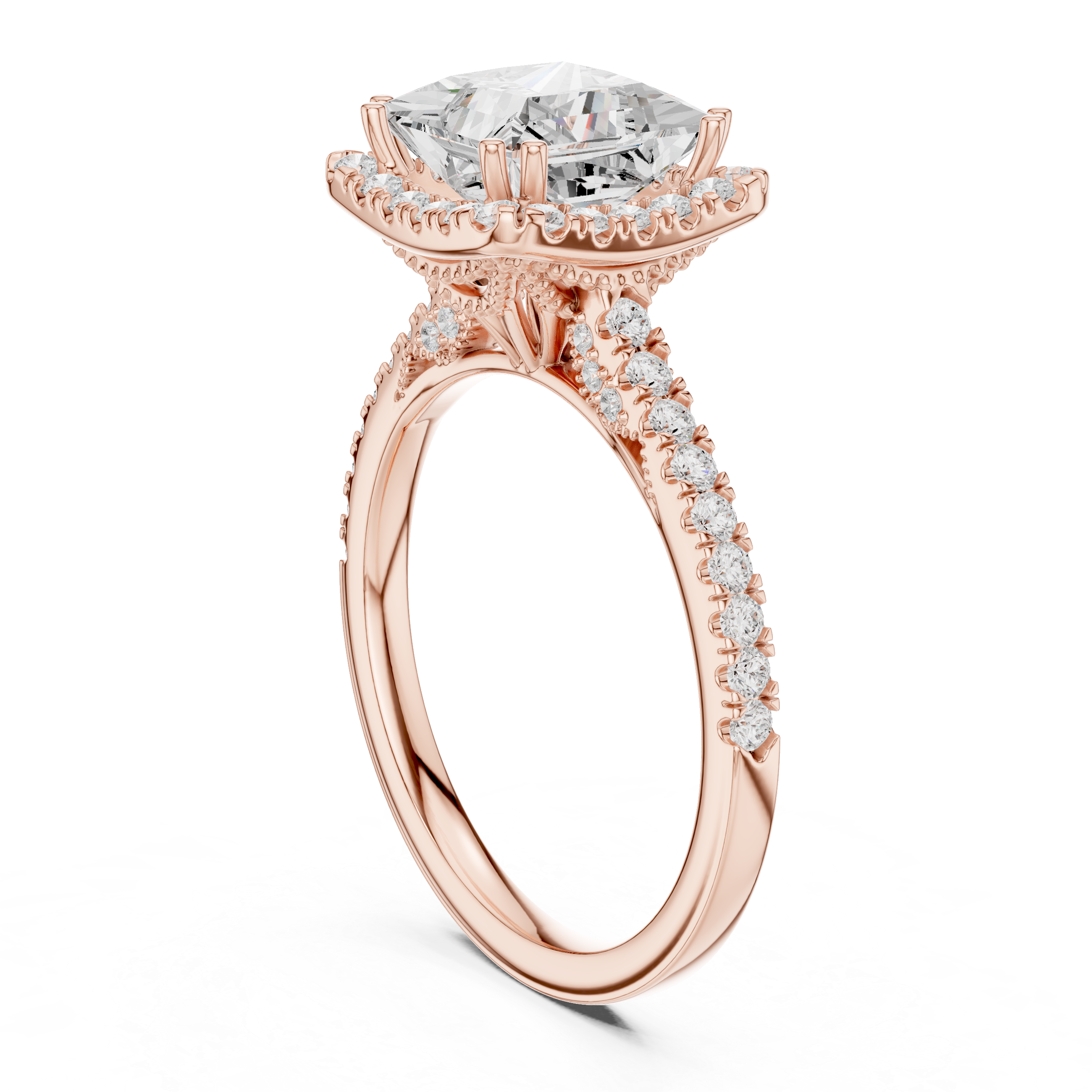 Princess Cut Halo Diamond Engagement Ring with Pavé Band