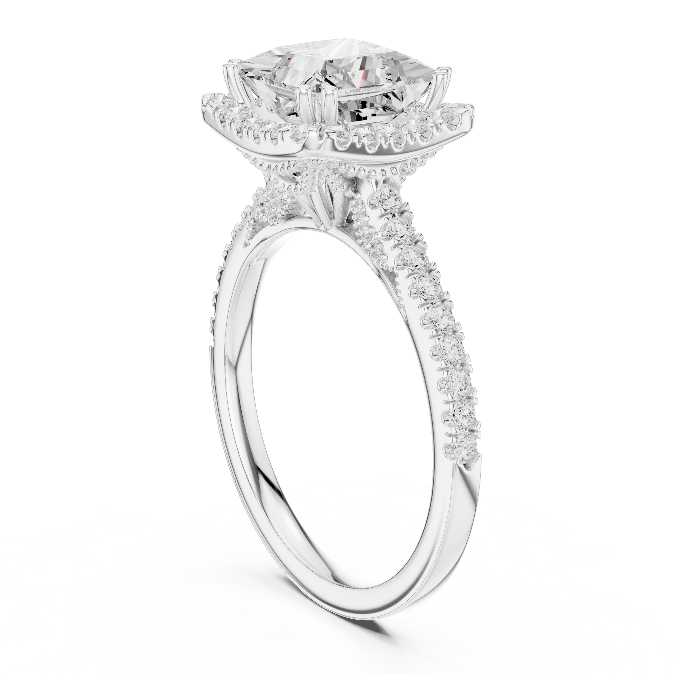 Princess Cut Halo Diamond Engagement Ring with Pavé Band