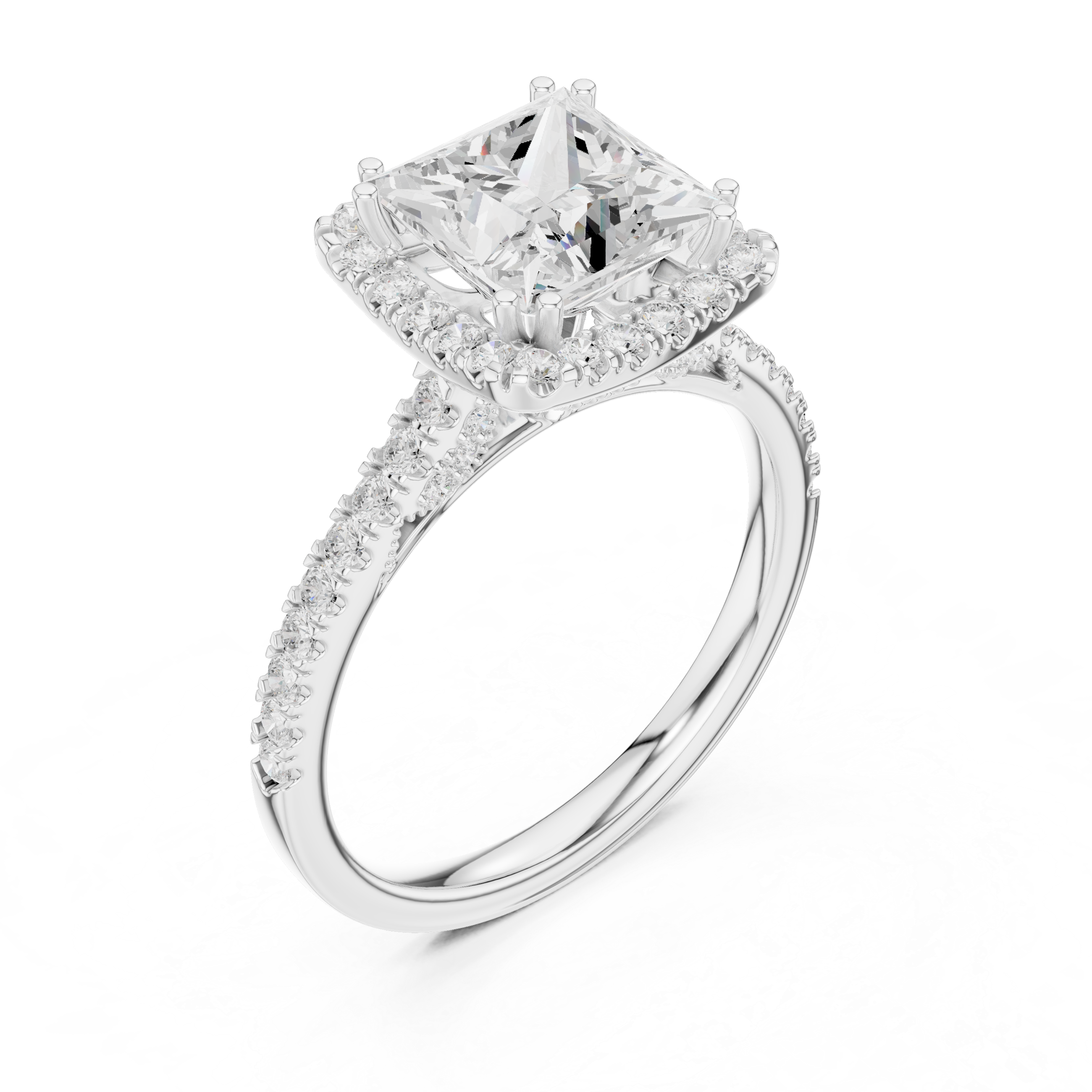 Princess Cut Halo Diamond Engagement Ring with Pavé Band