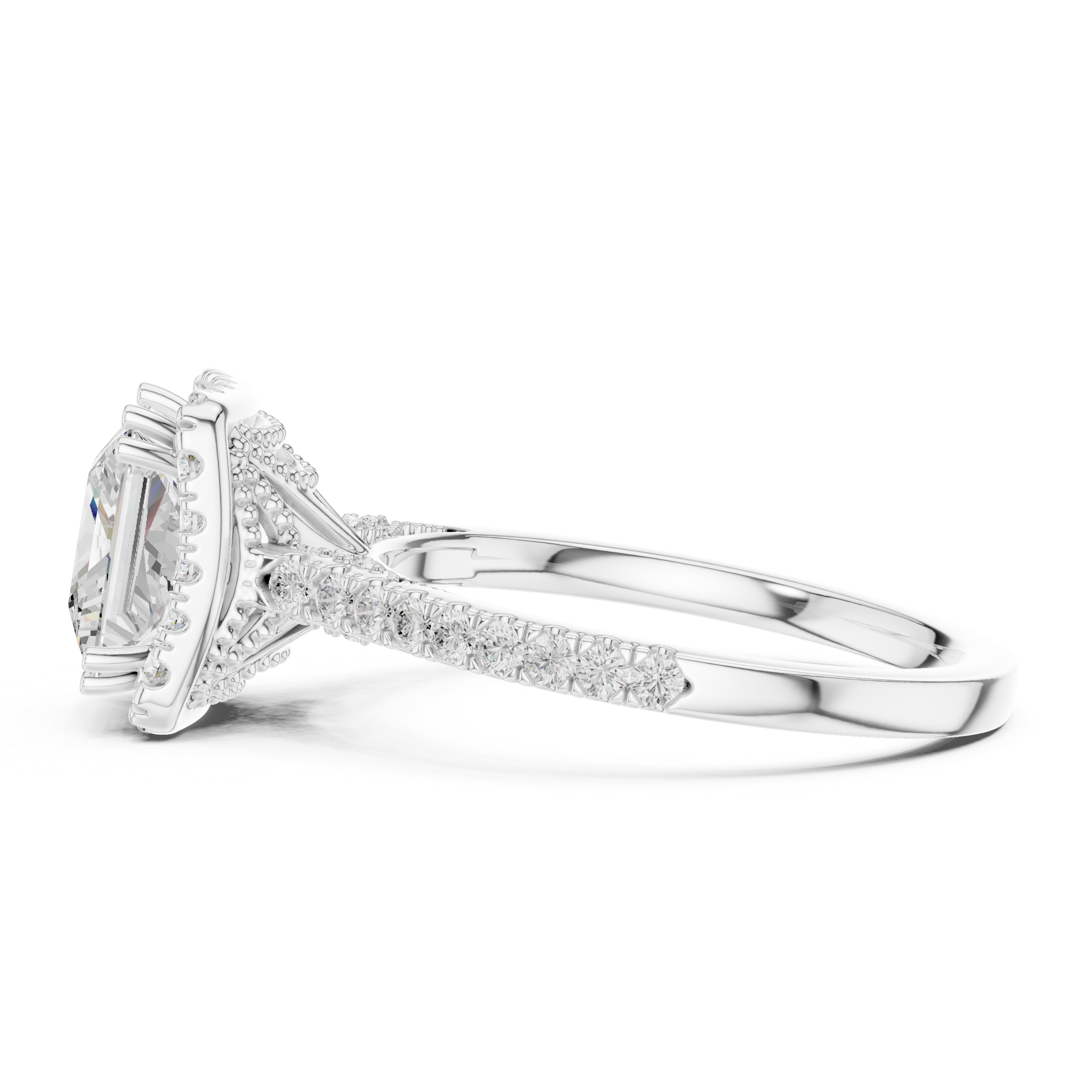 Princess Cut Halo Diamond Engagement Ring with Pavé Band
