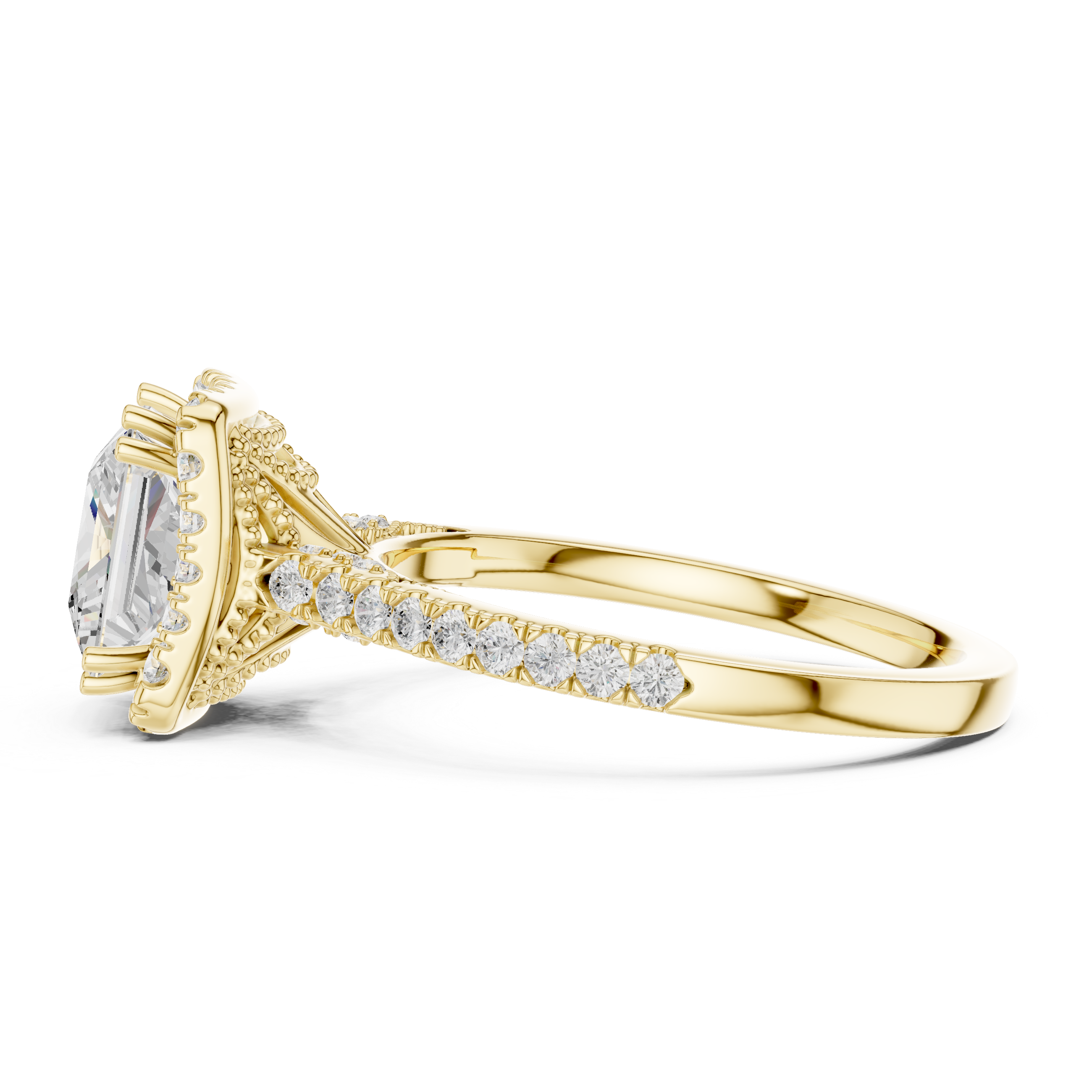 Princess Cut Halo Diamond Engagement Ring with Pavé Band