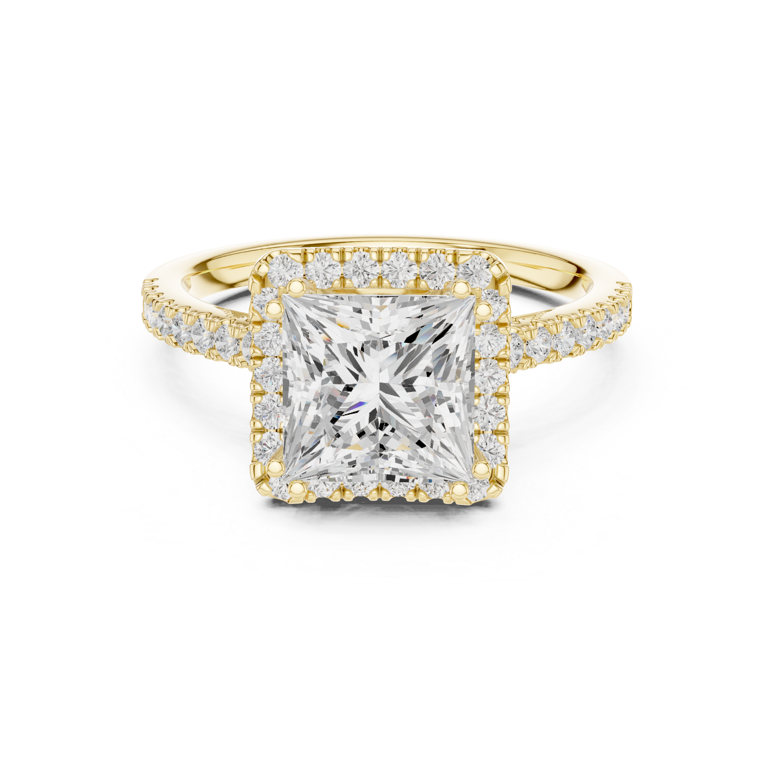 Princess Cut Halo Diamond Engagement Ring with Pavé Band