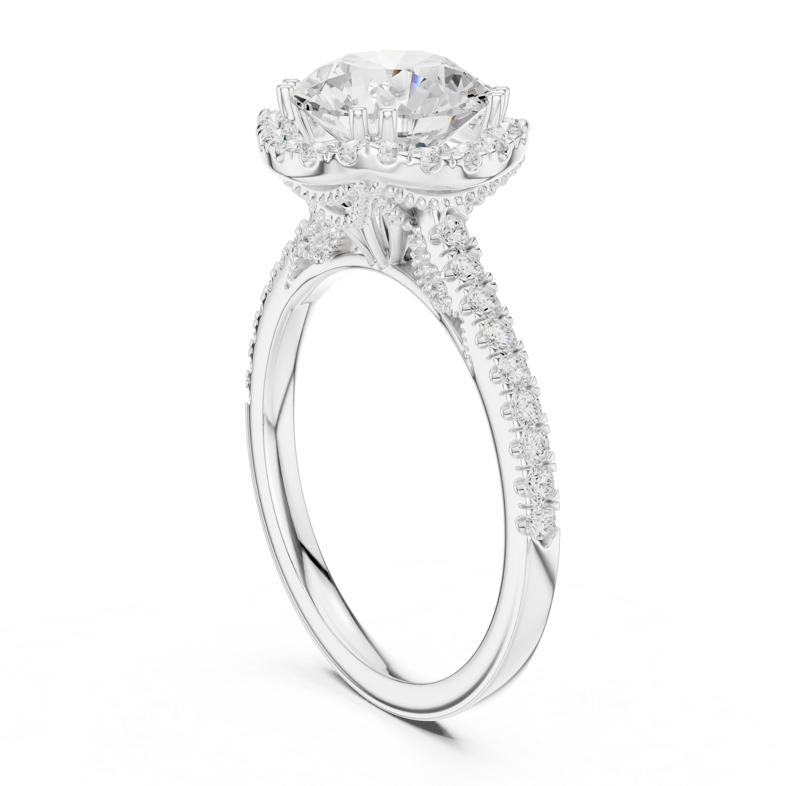 Round Halo Diamond Engagement Ring with Pavé Band