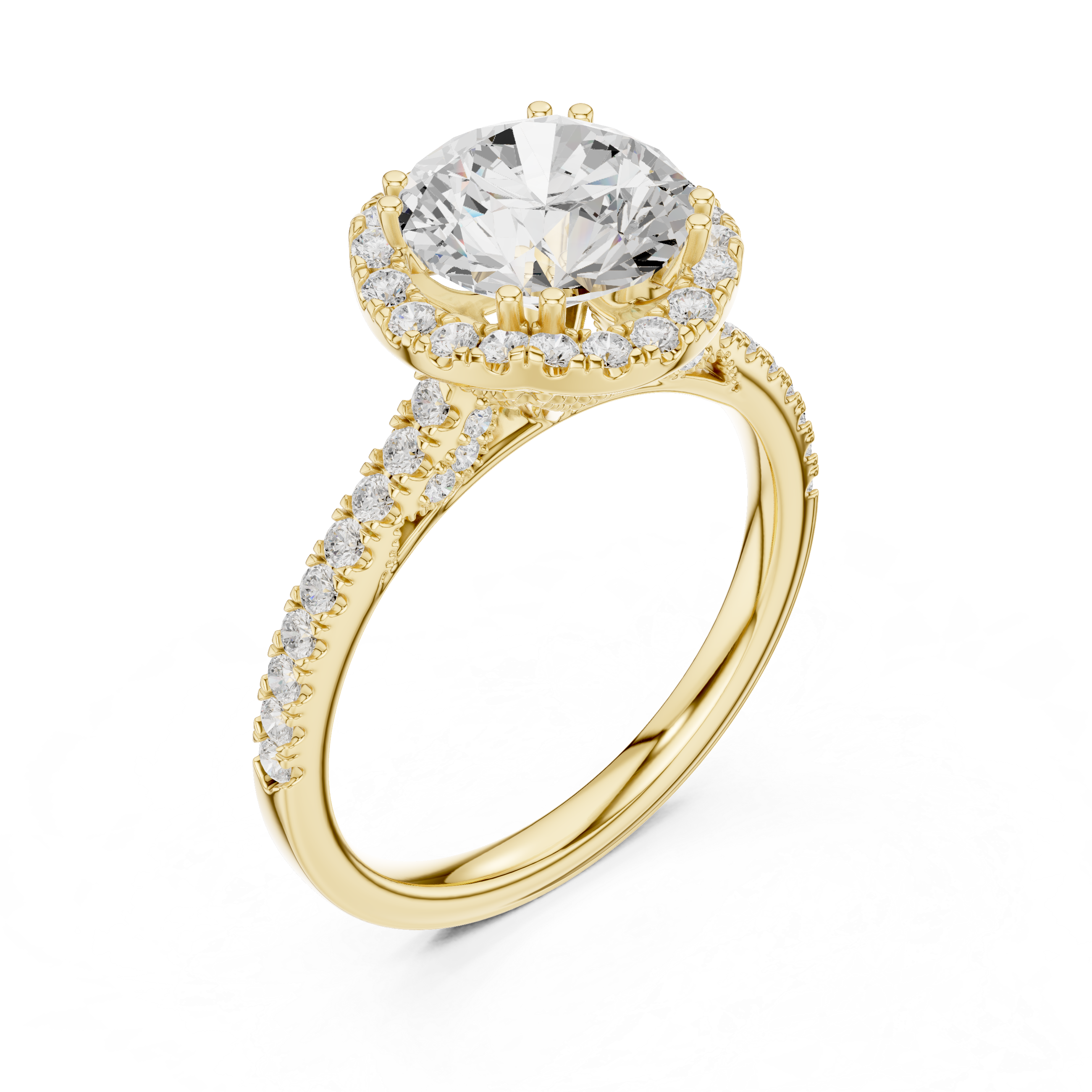 Round Halo Diamond Engagement Ring with Pavé Band