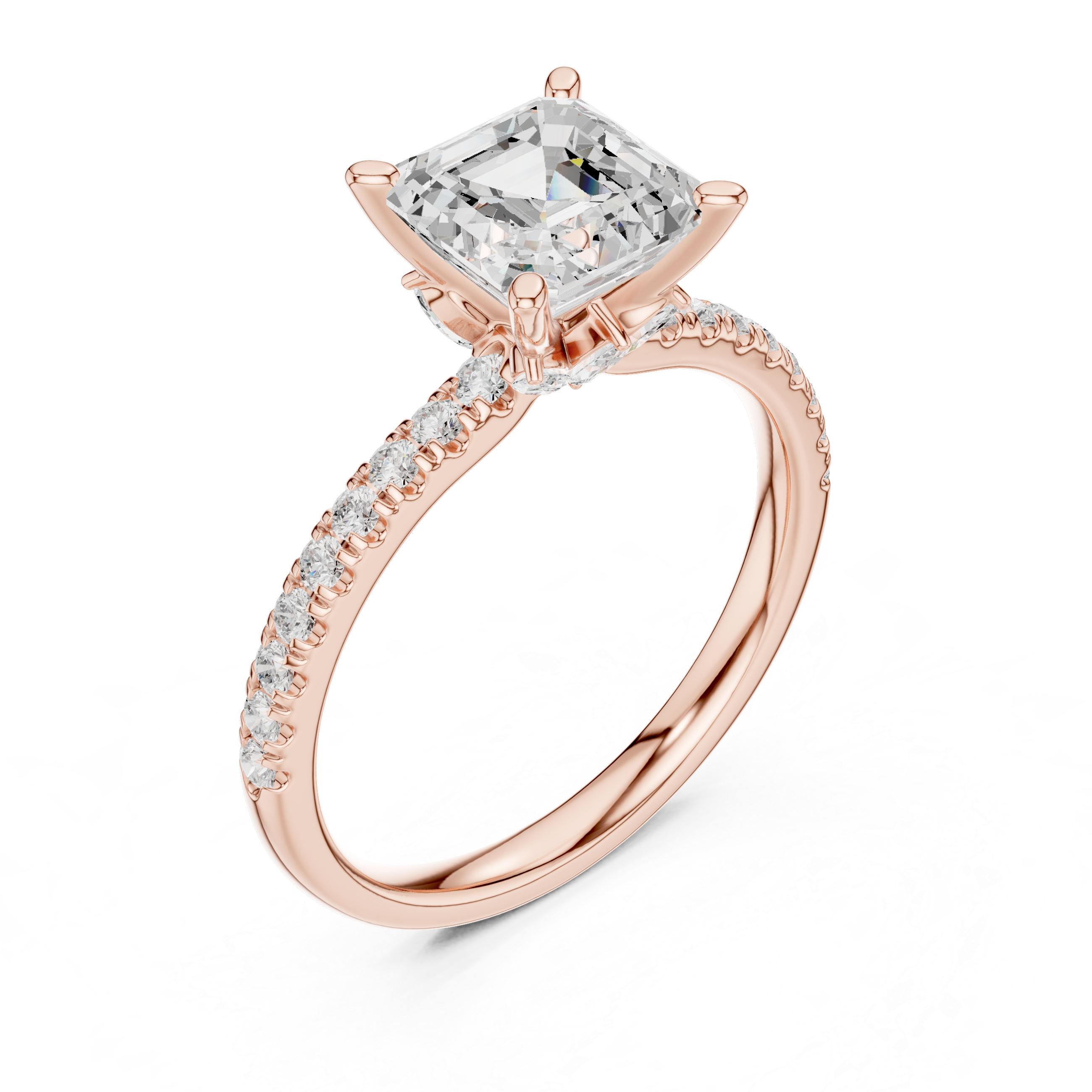 Asscher Cut Solitaire Engagement Ring with Marquise Side Accents and Pavé Diamond Band