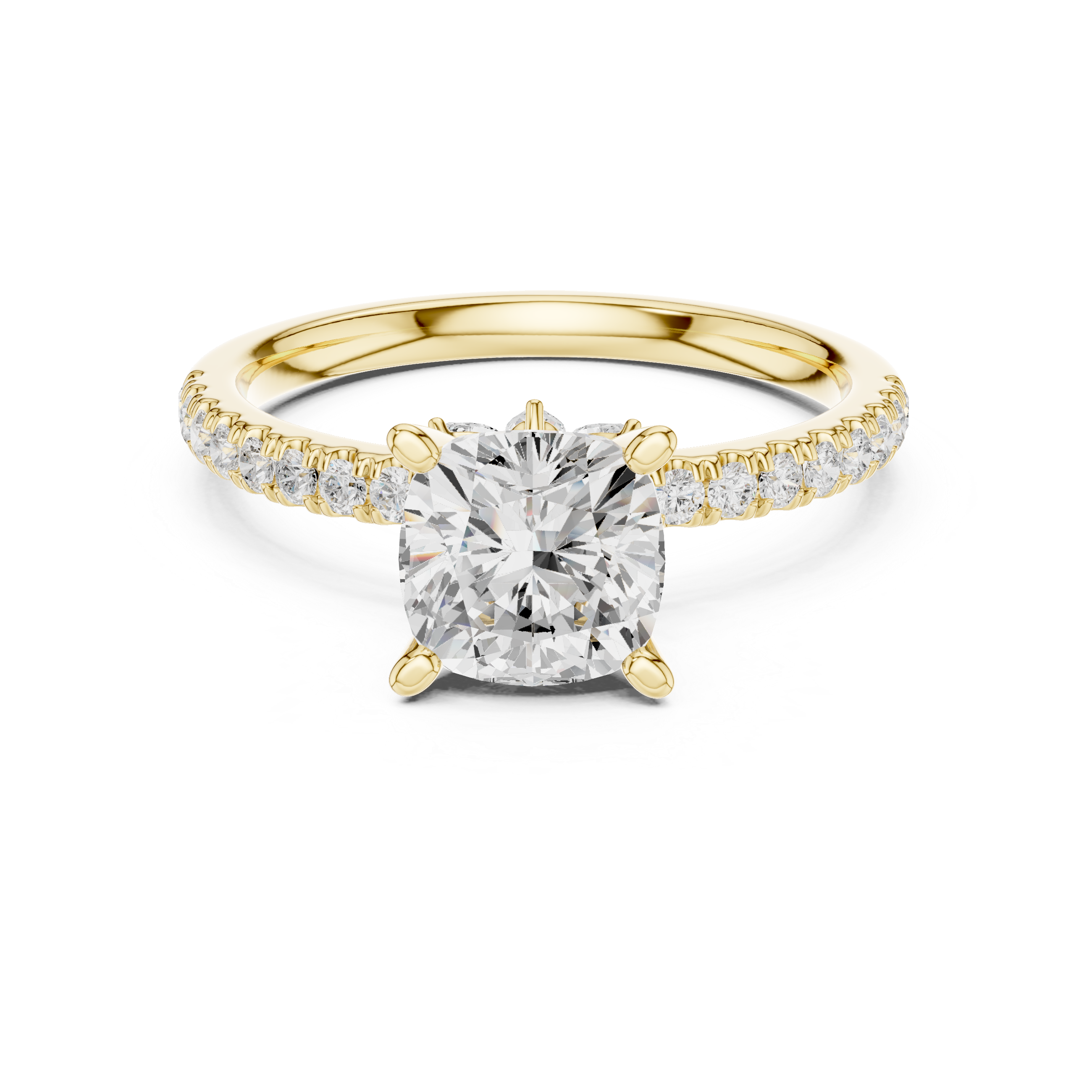Cushion Cut Solitaire Engagement Ring with Marquise Accent Gallery and Pavé Diamond Band