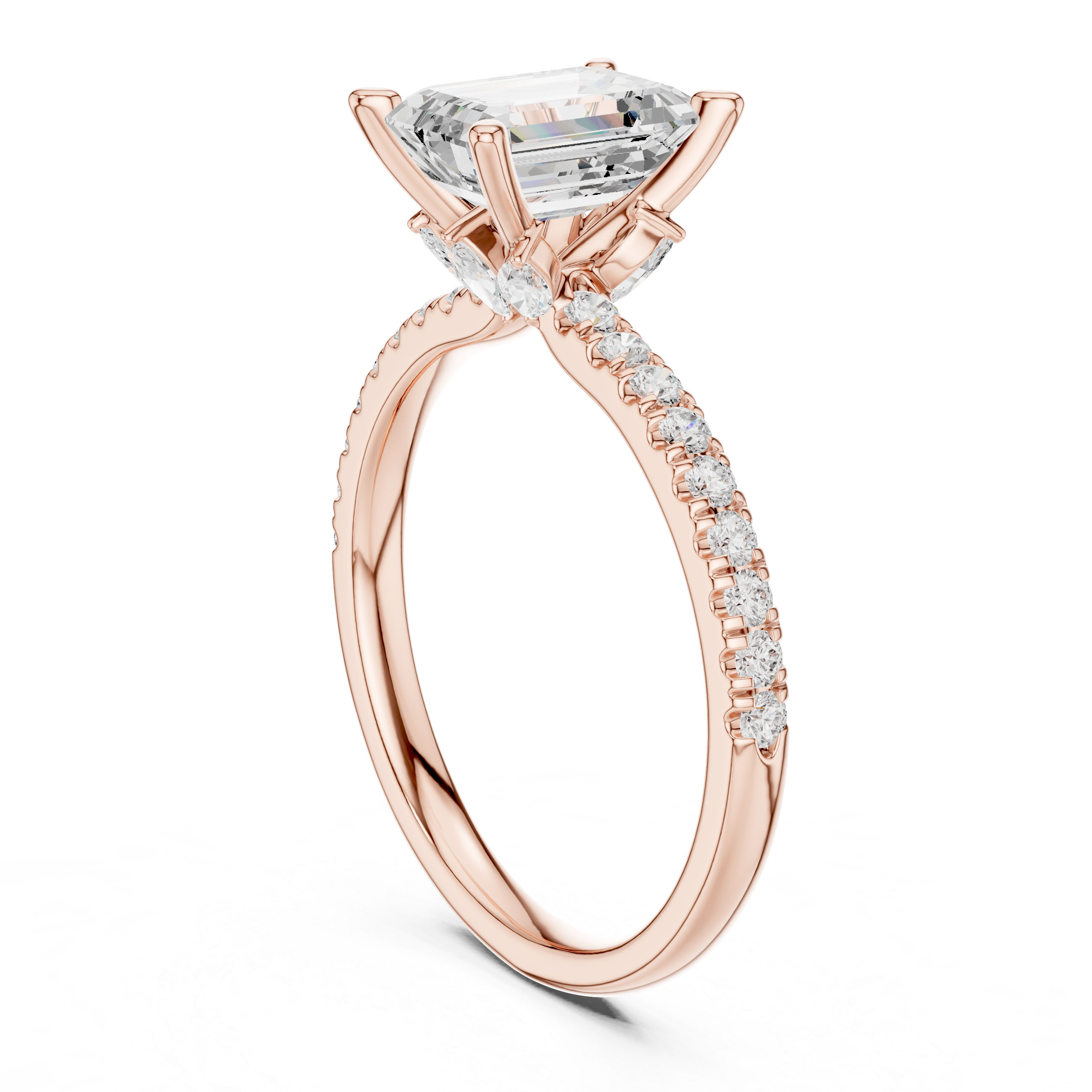 Emerald Cut Solitaire Engagement Ring with Marquise Accent Gallery and Pavé Diamond Band