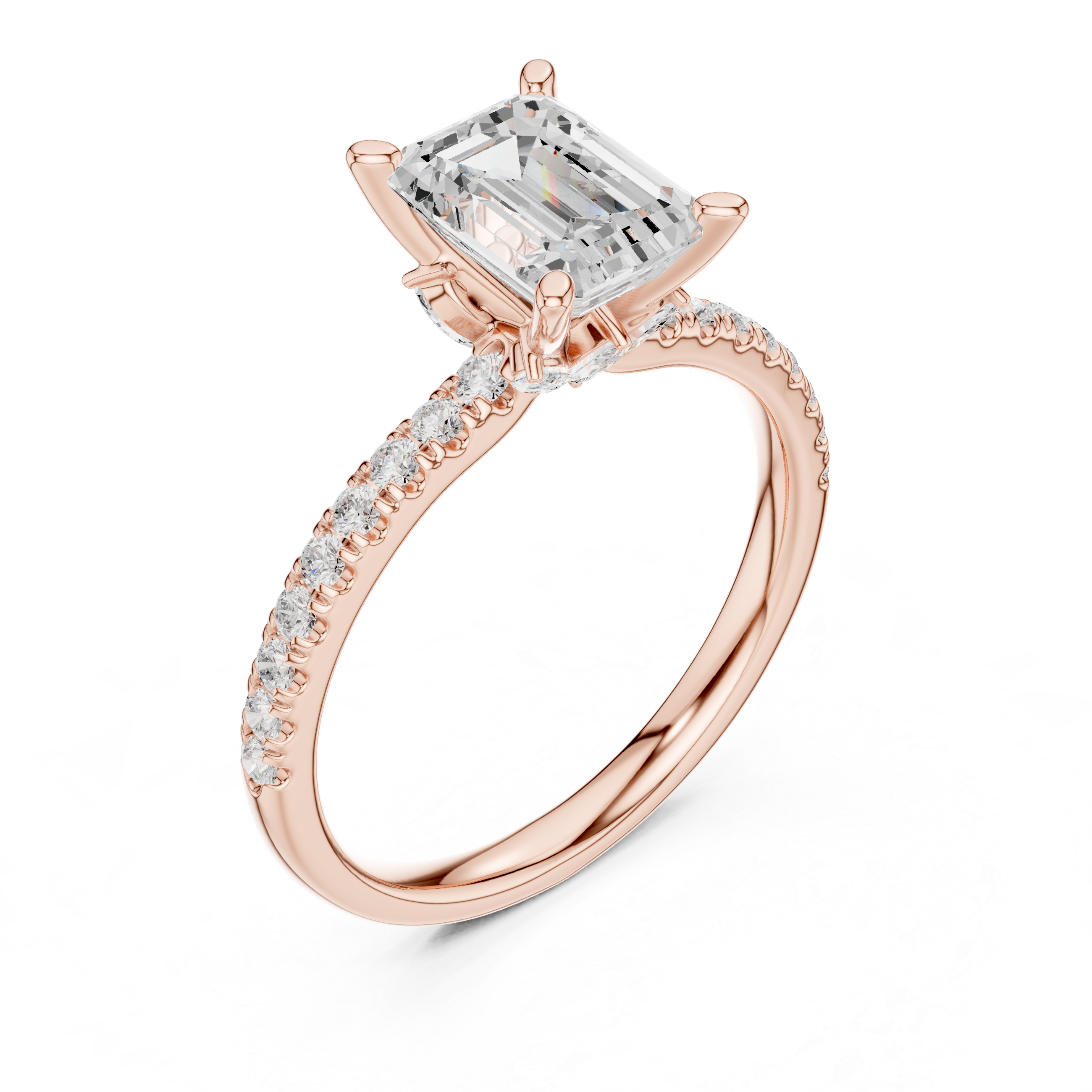 Emerald Cut Solitaire Engagement Ring with Marquise Accent Gallery and Pavé Diamond Band