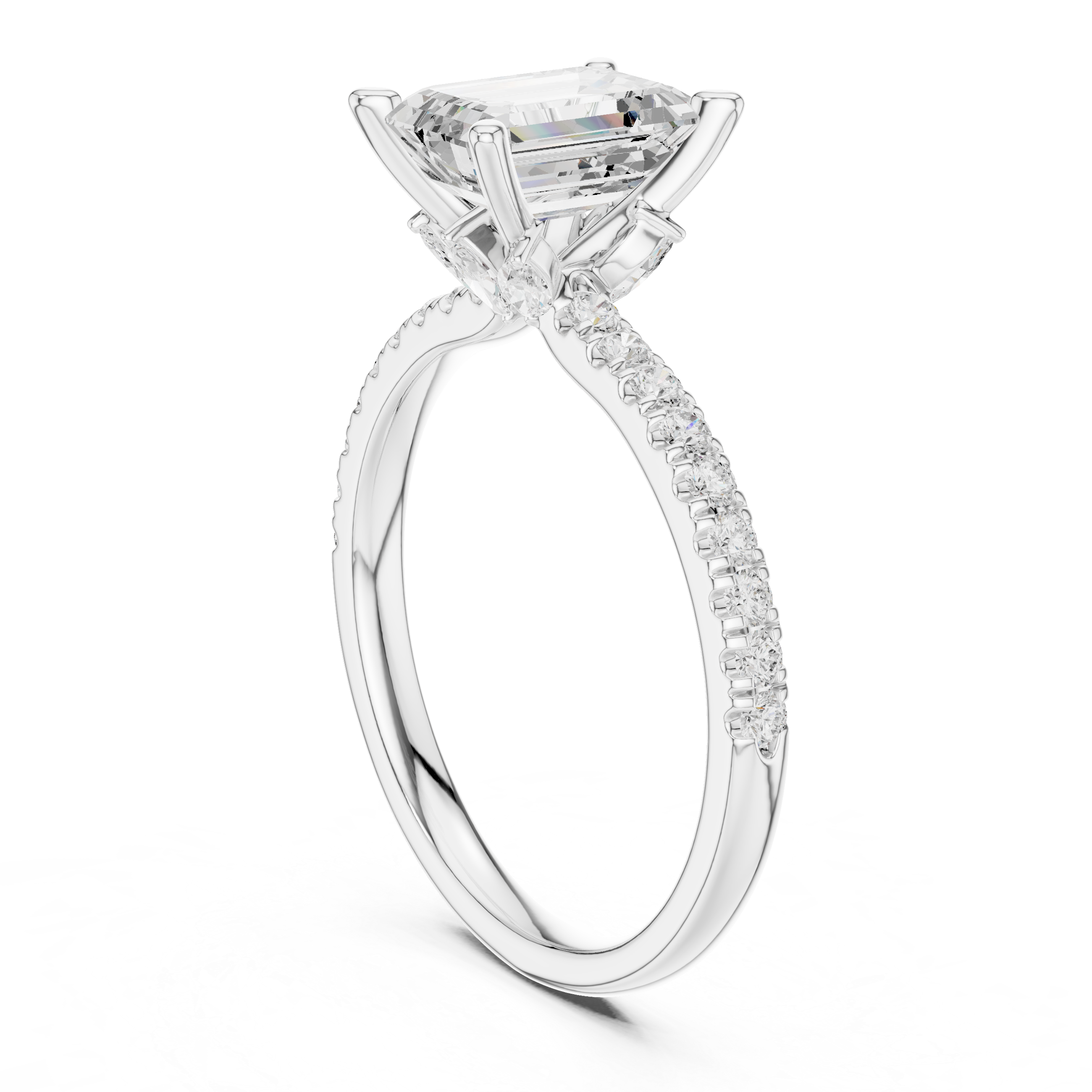 Emerald Cut Solitaire Engagement Ring with Marquise Accent Gallery and Pavé Diamond Band