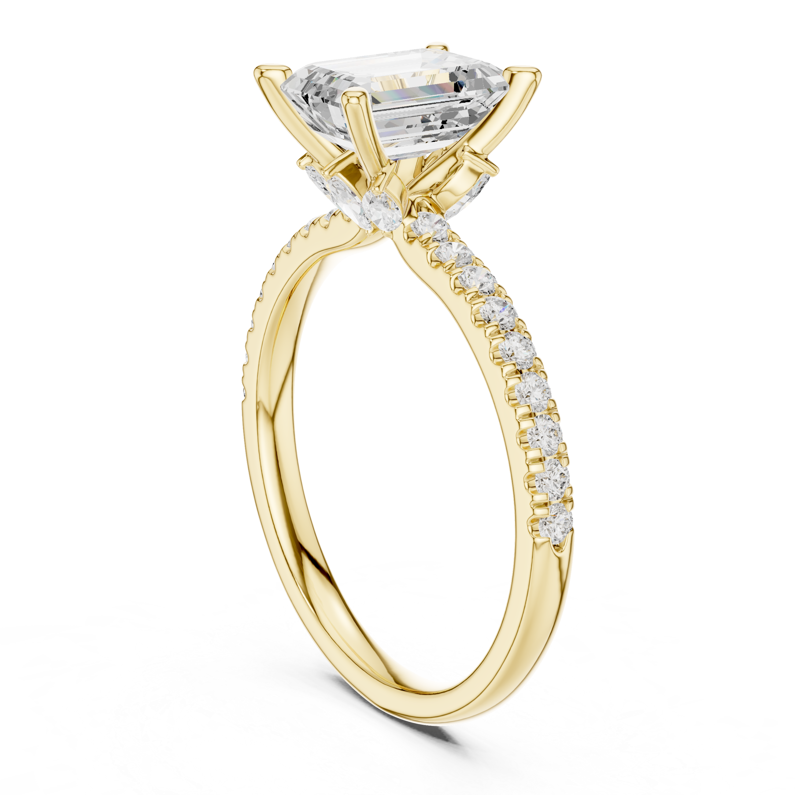 Emerald Cut Solitaire Engagement Ring with Marquise Accent Gallery and Pavé Diamond Band