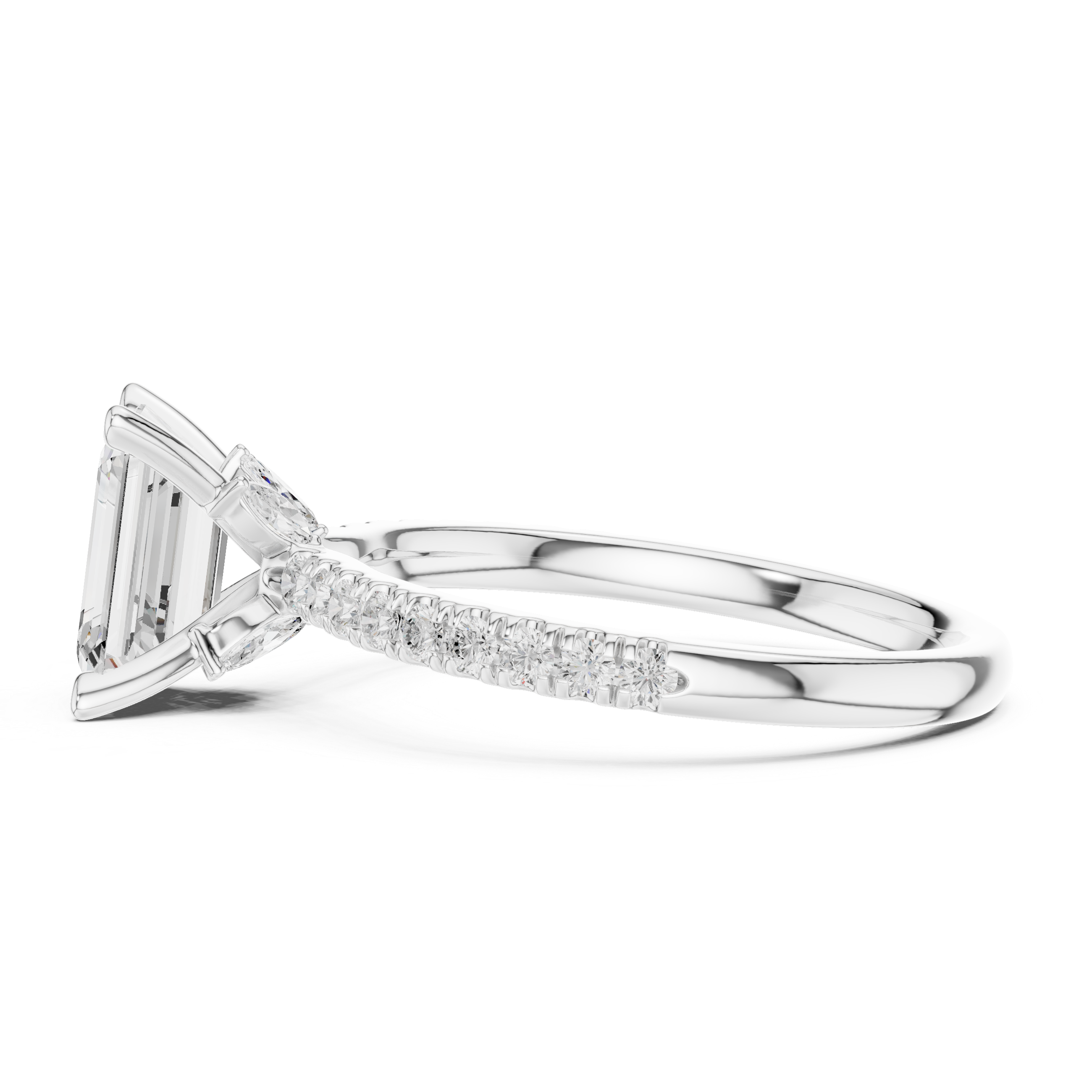 Emerald Cut Solitaire Engagement Ring with Marquise Accent Gallery and Pavé Diamond Band