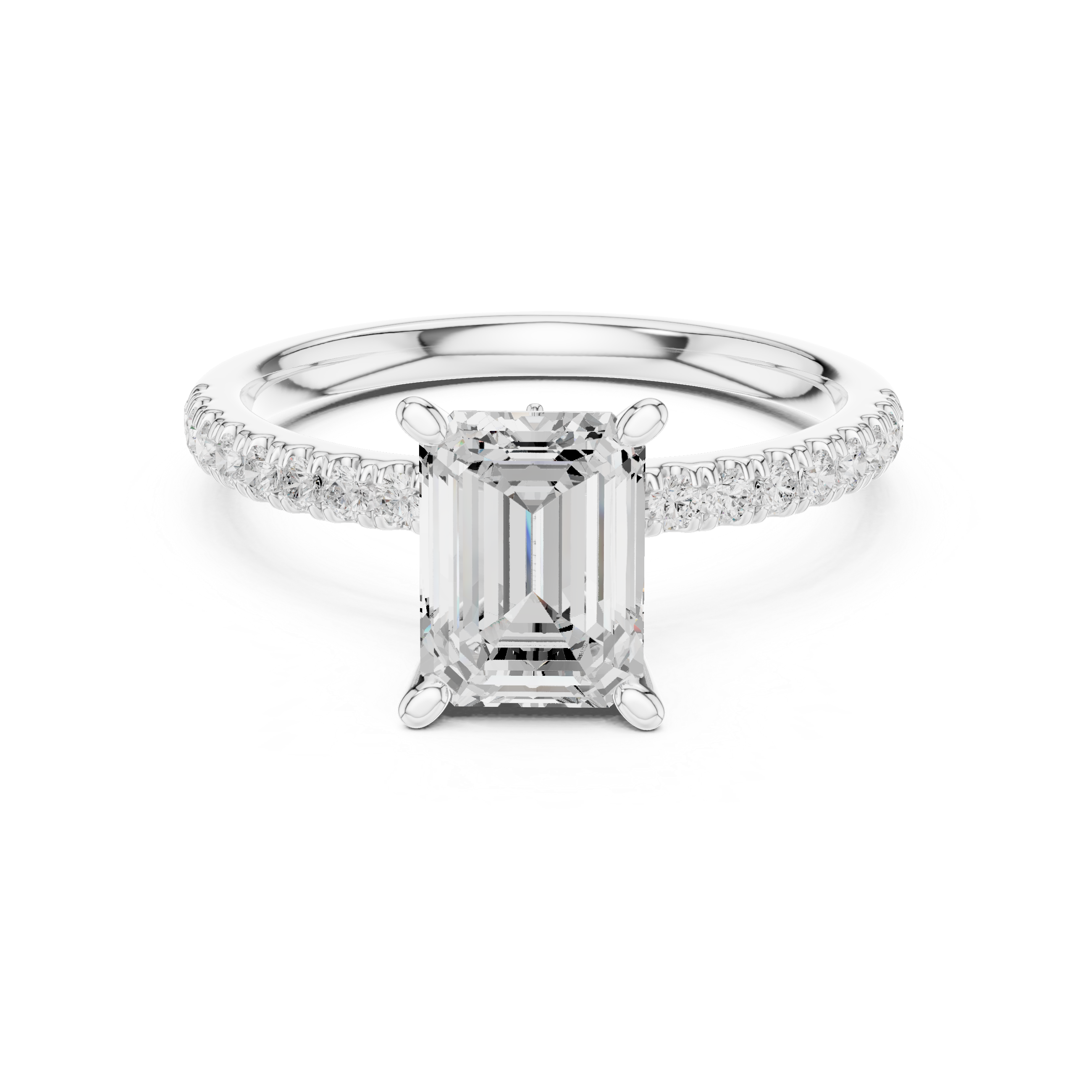 Emerald Cut Solitaire Engagement Ring with Marquise Accent Gallery and Pavé Diamond Band