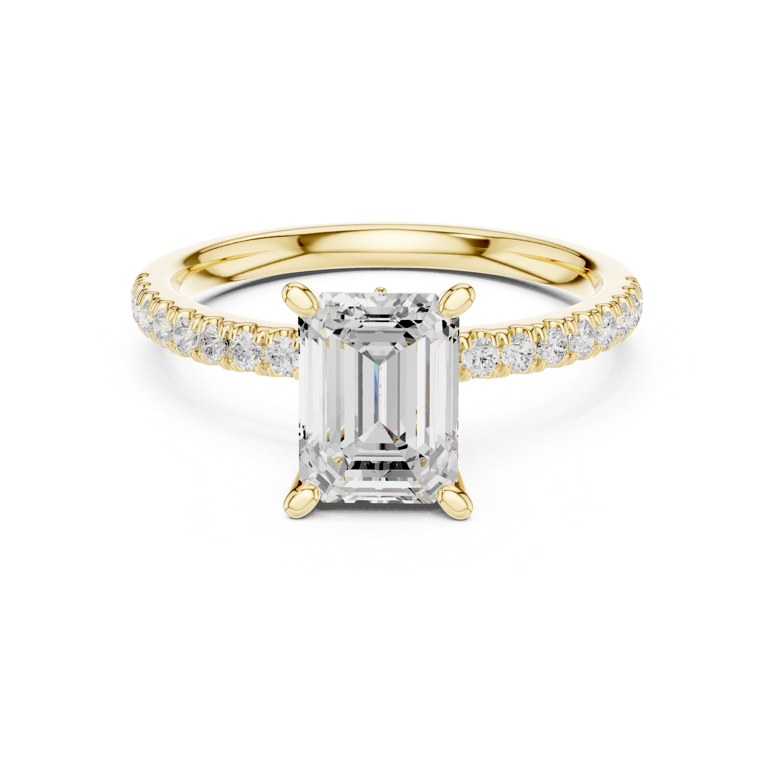 Emerald Cut Solitaire Engagement Ring with Marquise Accent Gallery and Pavé Diamond Band