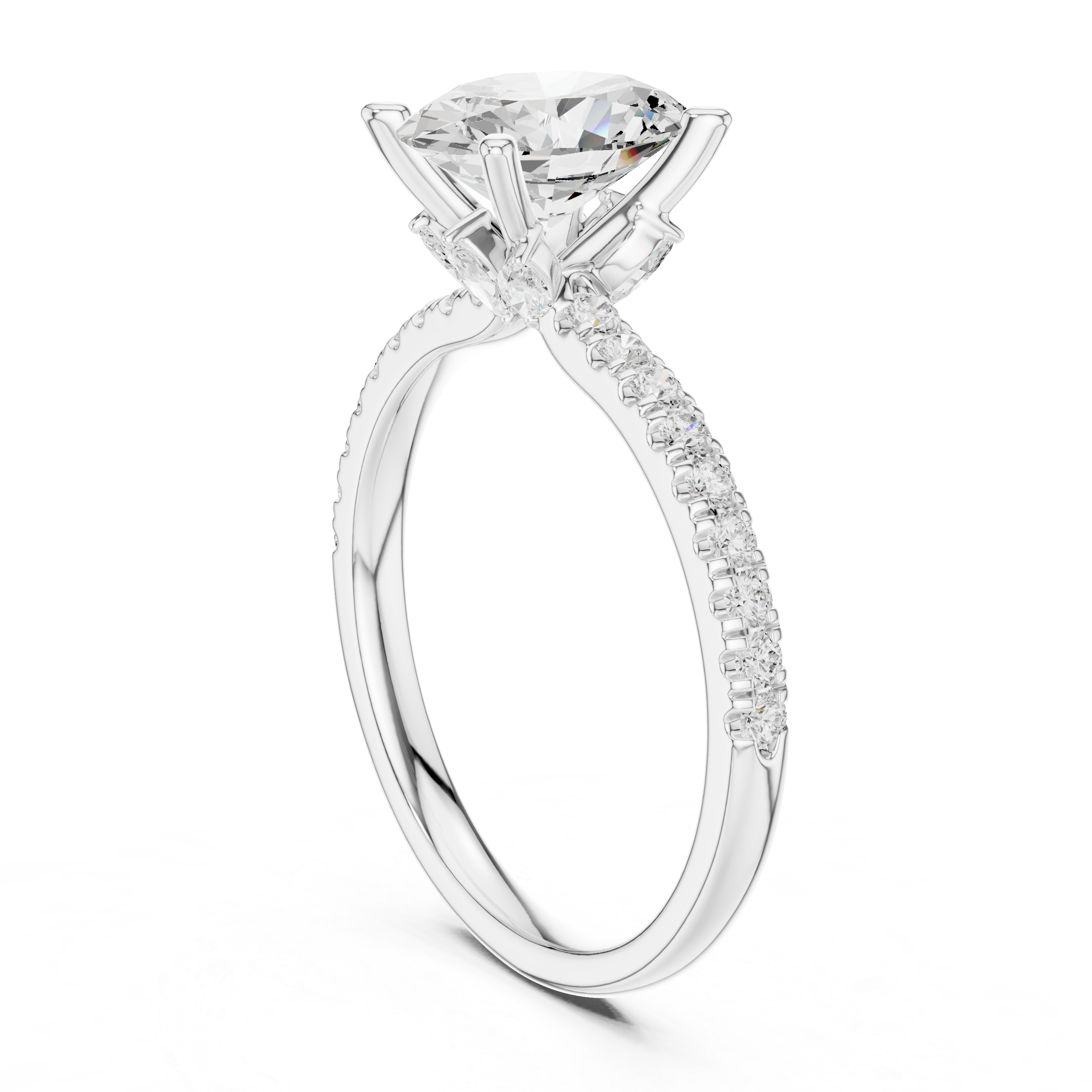 Oval Cut Solitaire Engagement Ring with Marquise Accent Gallery and Pavé Diamond Band