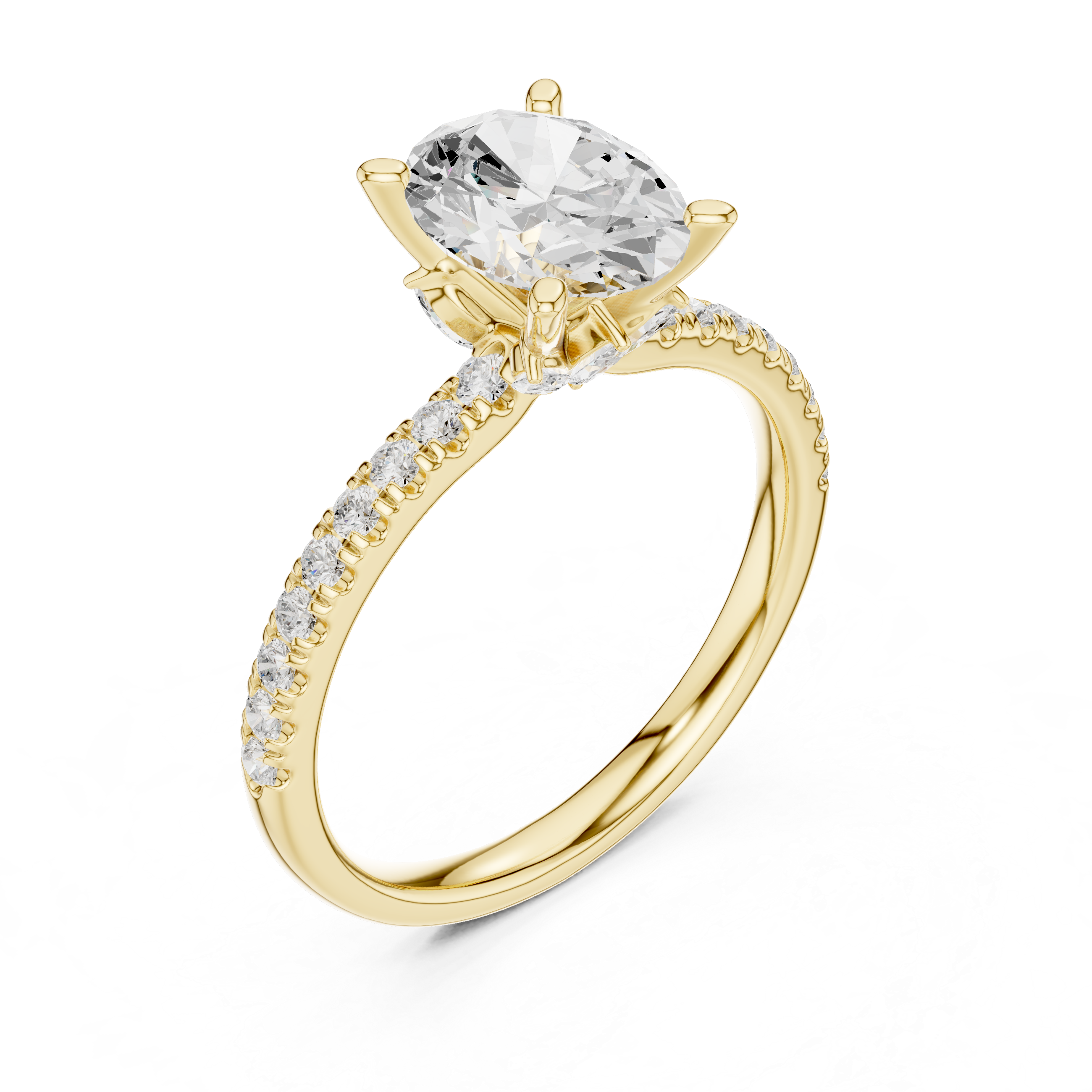 Oval Cut Solitaire Engagement Ring with Marquise Accent Gallery and Pavé Diamond Band
