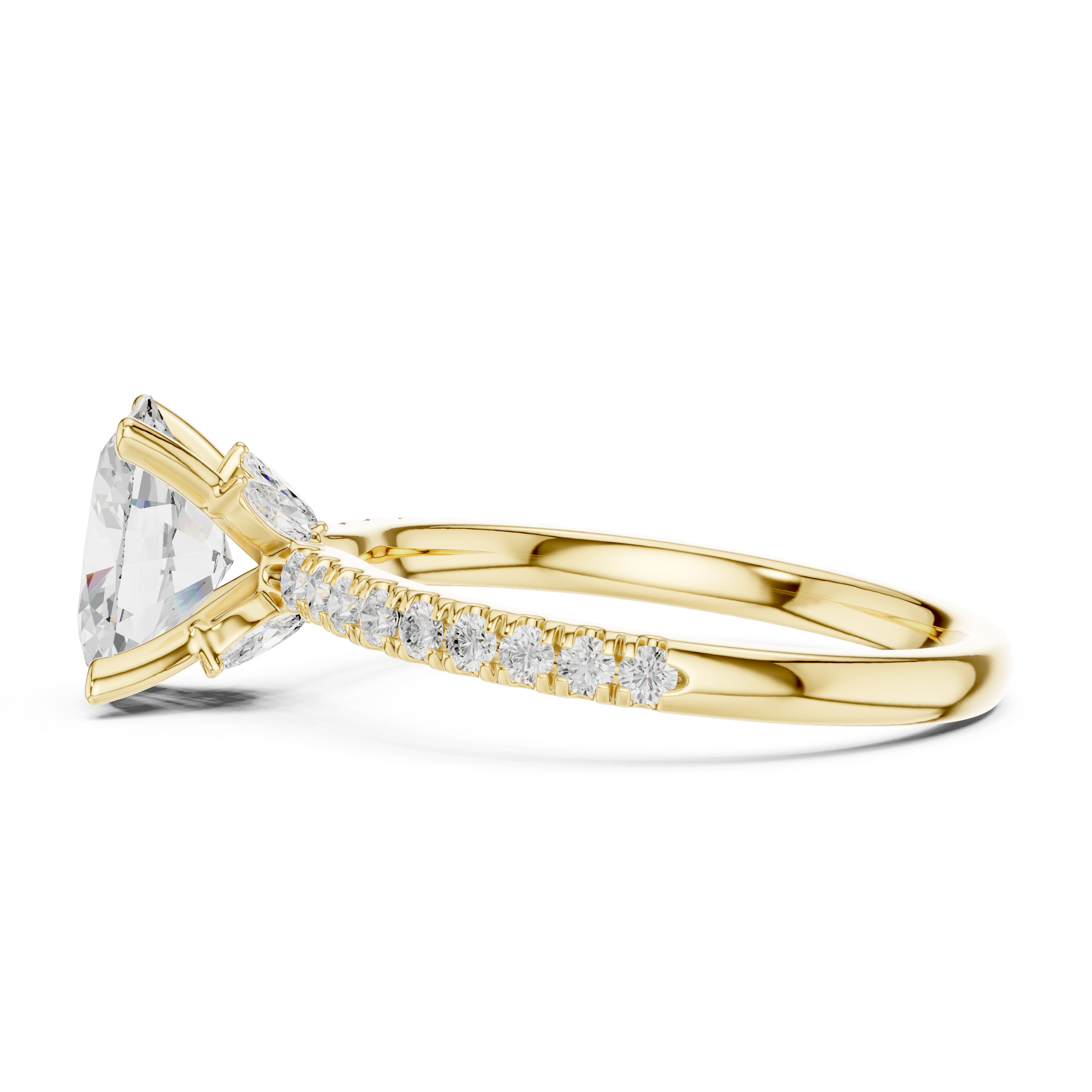 Oval Cut Solitaire Engagement Ring with Marquise Accent Gallery and Pavé Diamond Band