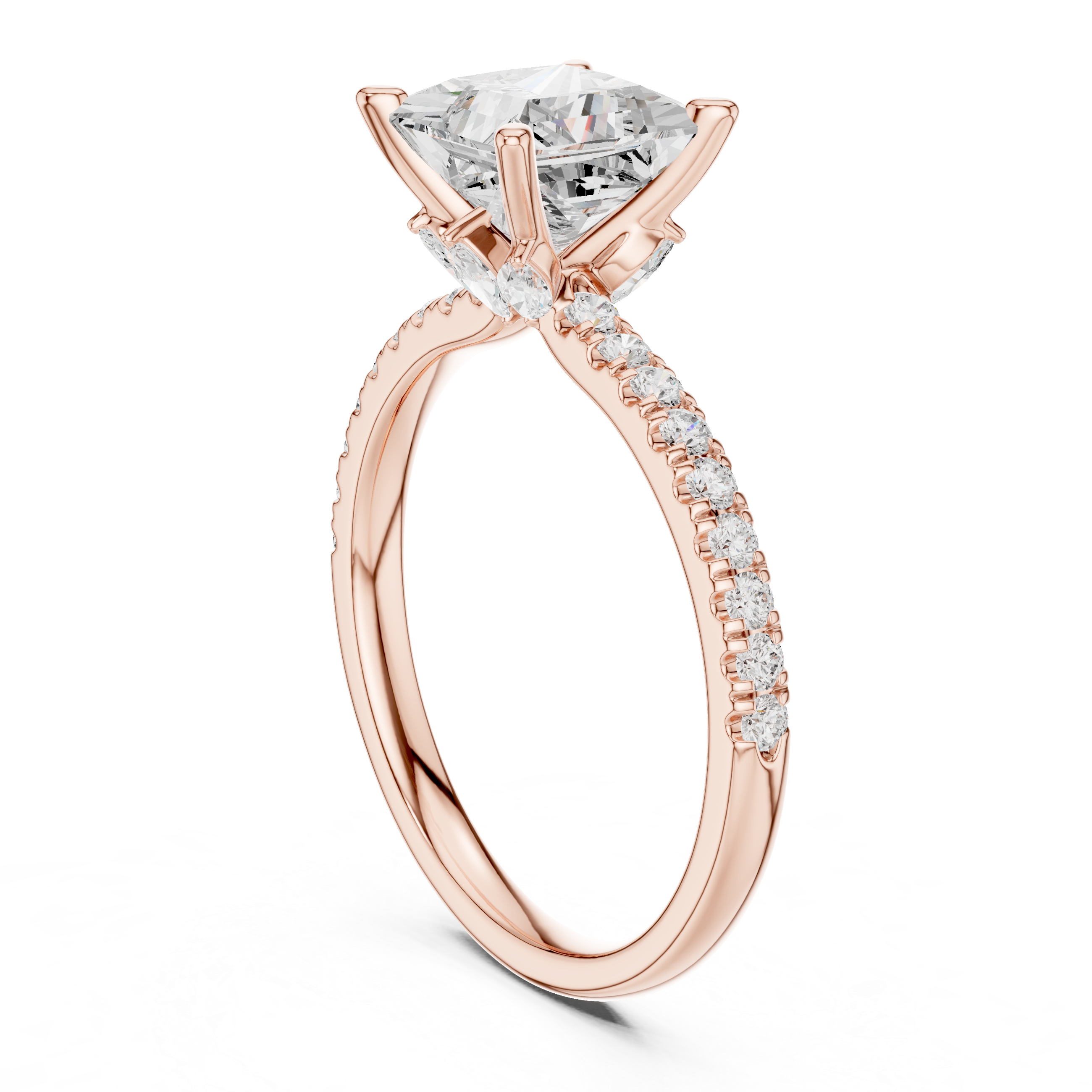 Princess Cut Solitaire Engagement Ring with Hidden Marquise Accent Gallery and Pavé Diamond Band