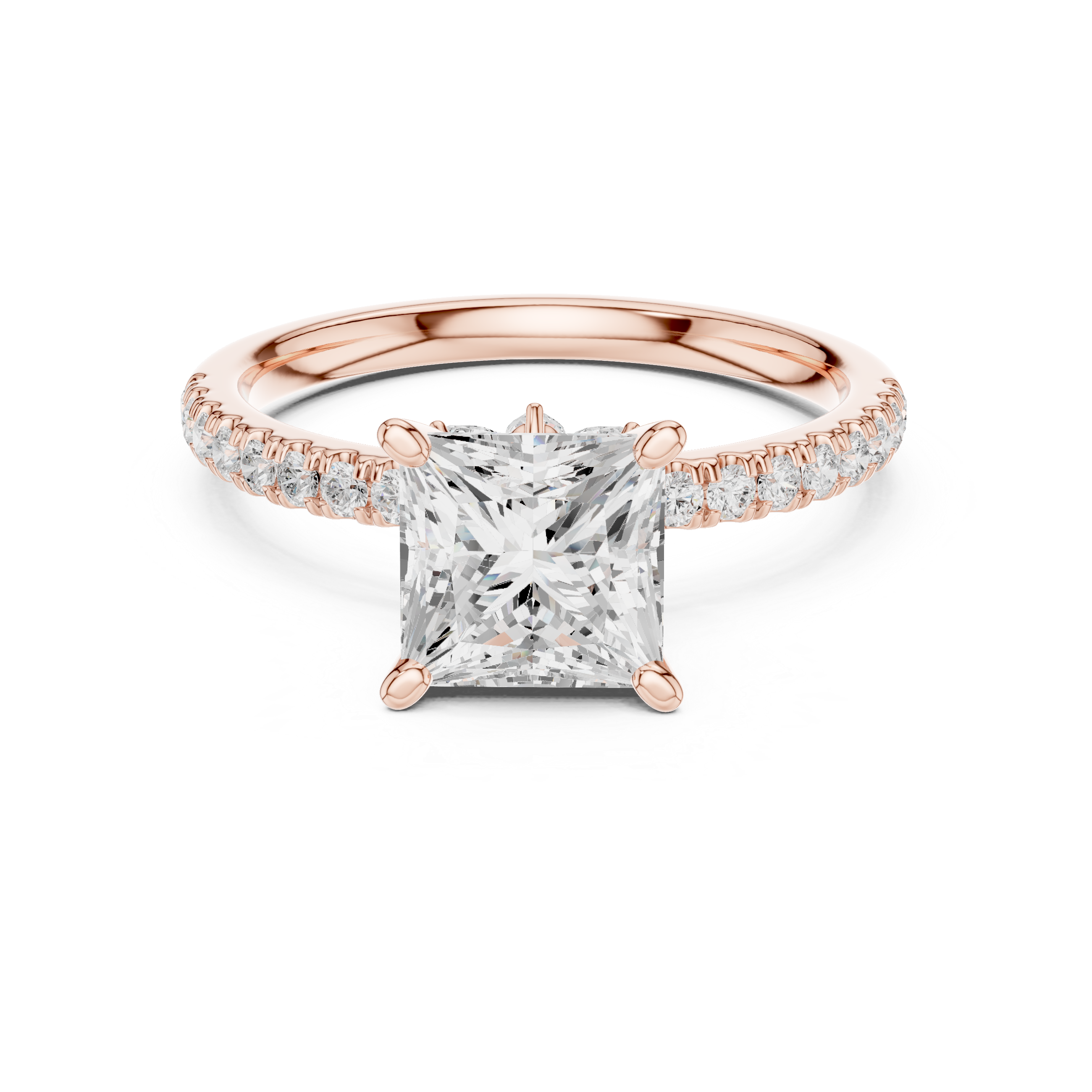 Princess Cut Solitaire Engagement Ring with Hidden Marquise Accent Gallery and Pavé Diamond Band