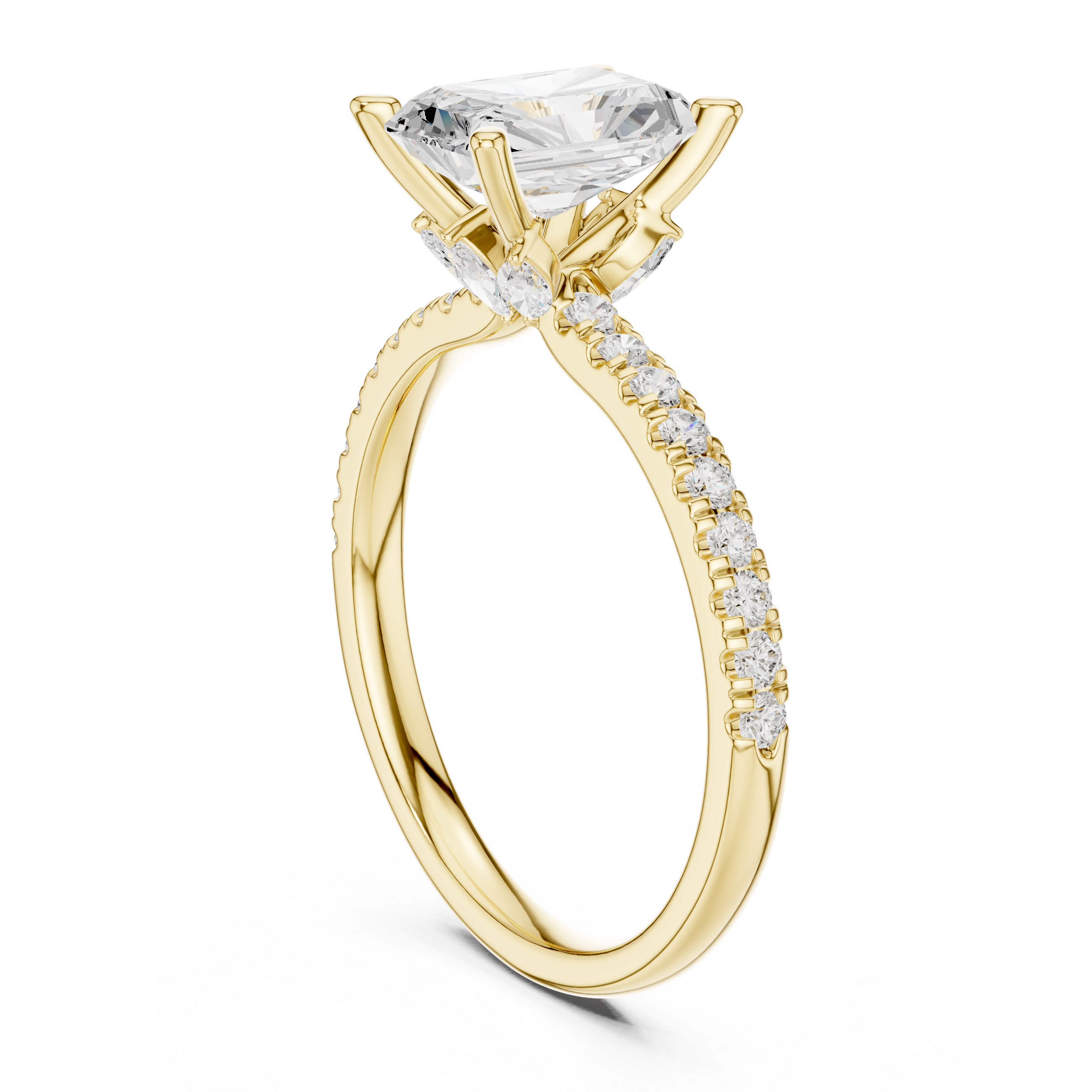 Radiant Cut Solitaire Engagement Ring with Hidden Marquise Accent Gallery and Pavé Diamond Band