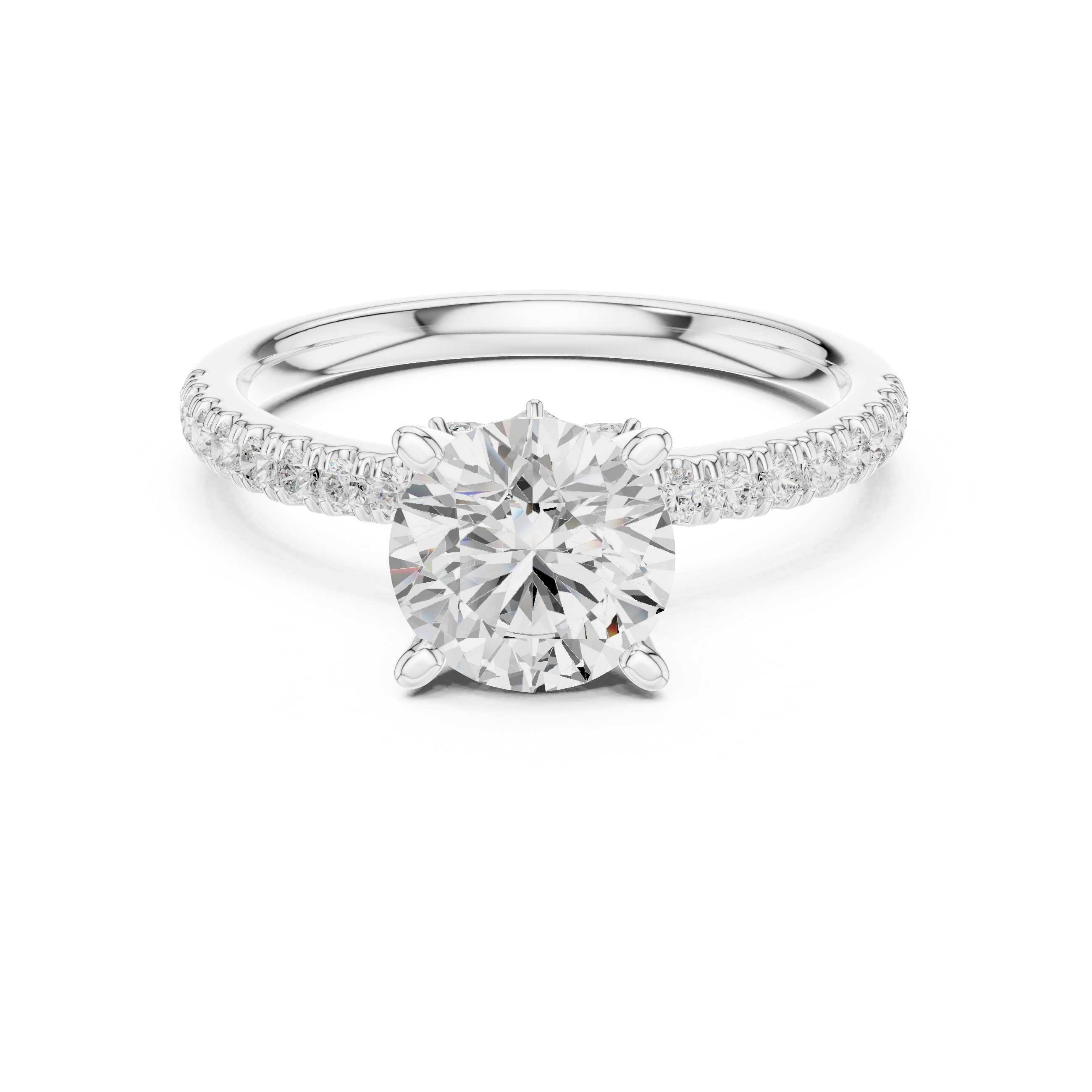Round Cut Solitaire Engagement Ring with Hidden Marquise Accent Gallery and Pavé Diamond Band