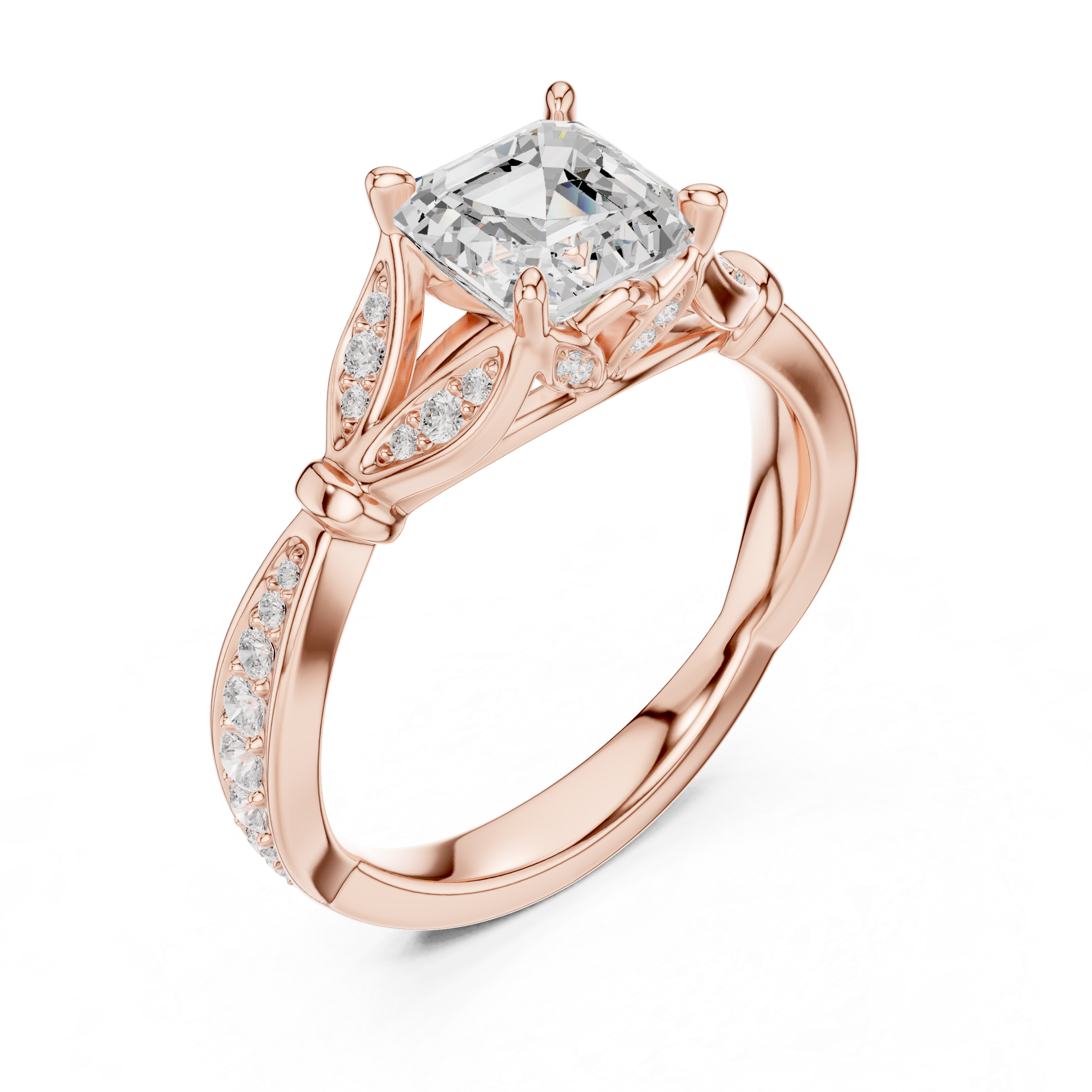 Asscher Cut Vintage Inspired Engagement Ring with Leaf Motif Pavé Diamond Band