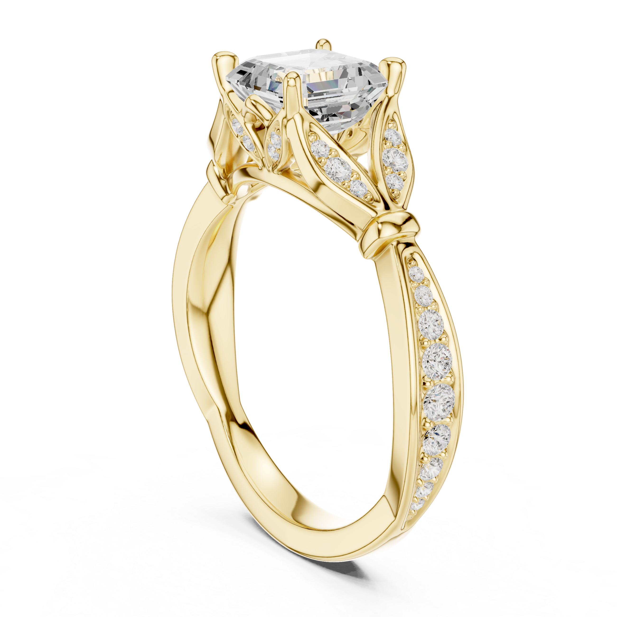 Asscher Cut Vintage Inspired Engagement Ring with Leaf Motif Pavé Diamond Band