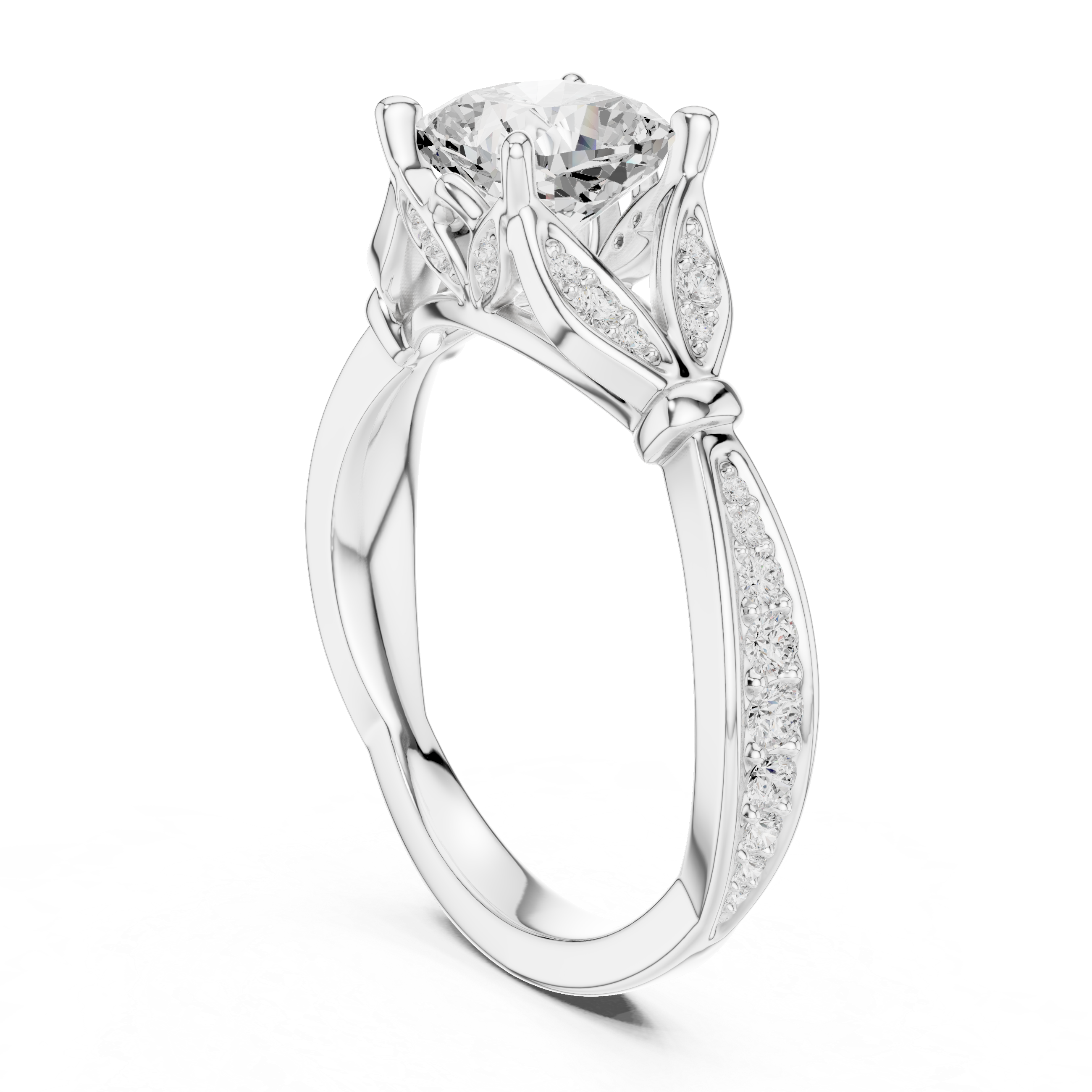Cushion Cut Vintage Inspired Engagement Ring with Leaf Detail Pavé Diamond Band
