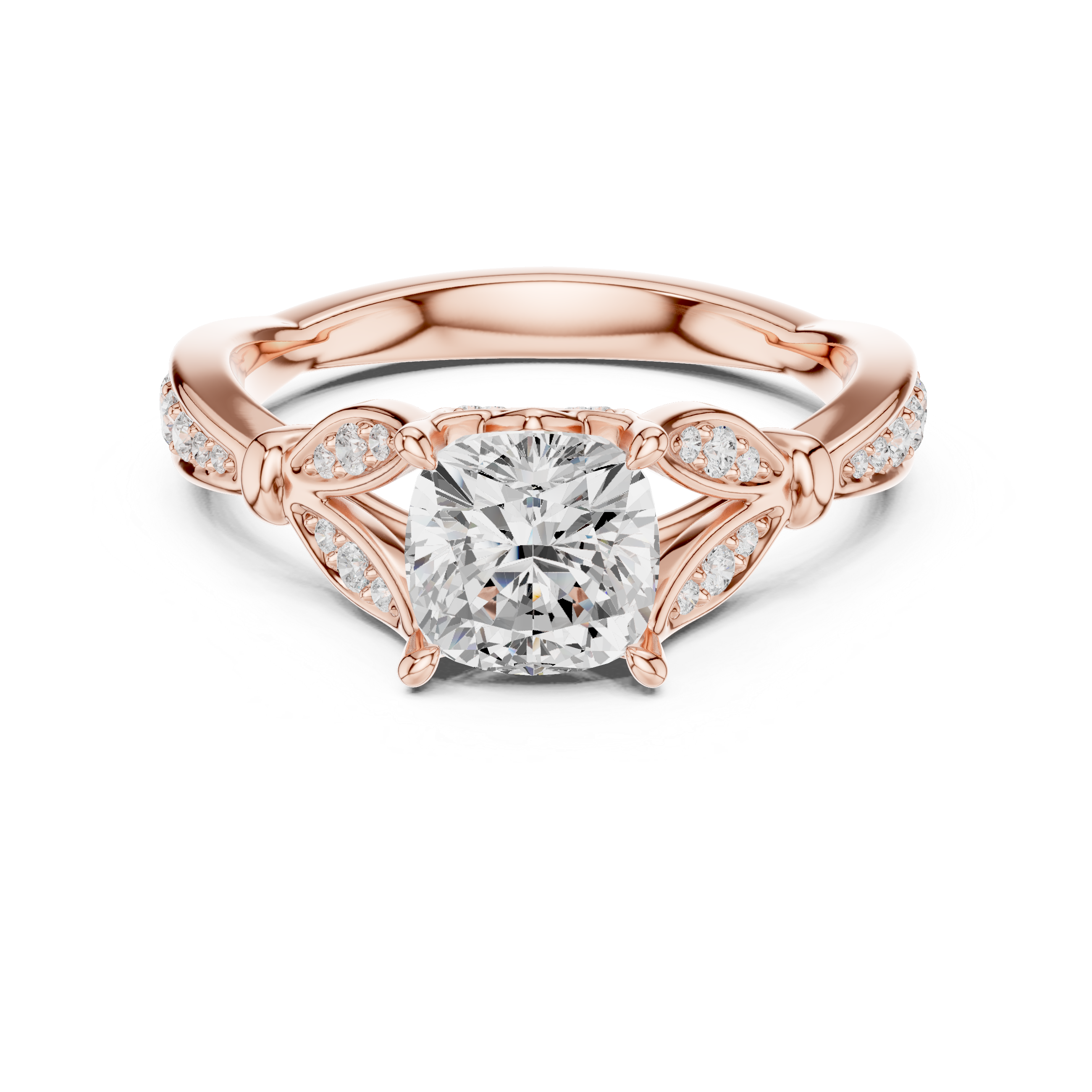 Cushion Cut Vintage Inspired Engagement Ring with Leaf Detail Pavé Diamond Band