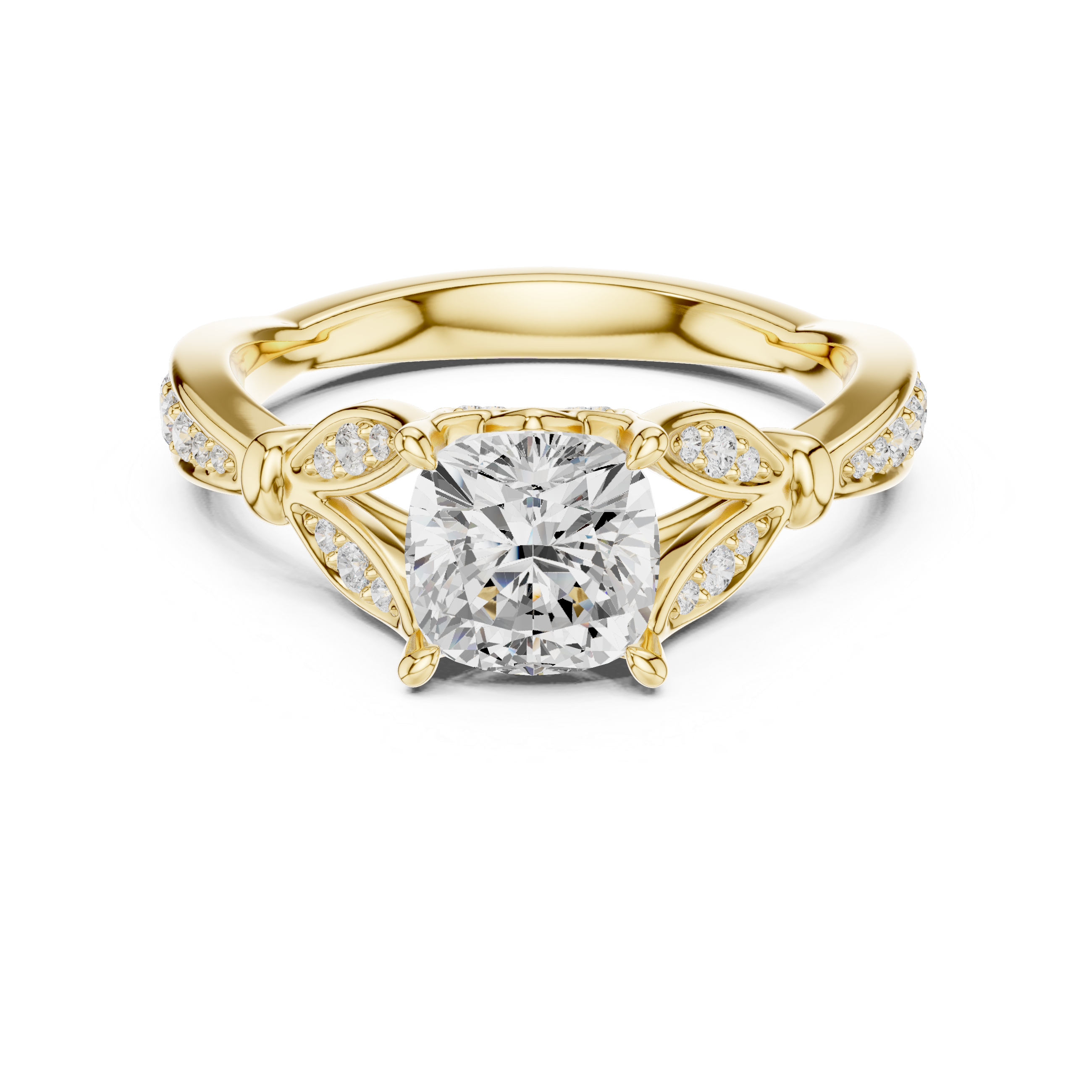 Cushion Cut Vintage Inspired Engagement Ring with Leaf Detail Pavé Diamond Band