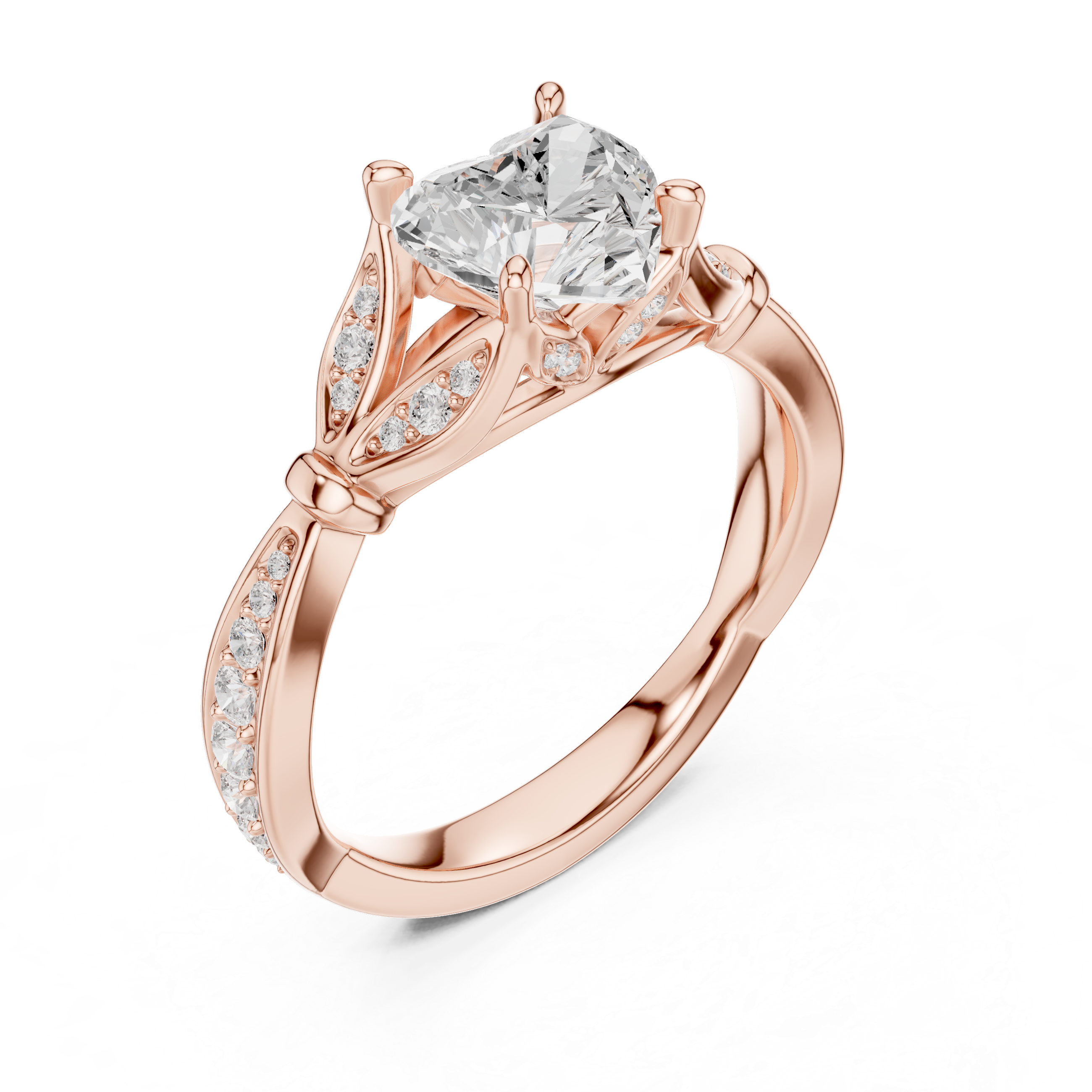 Heart Cut Vintage Inspired Engagement Ring with Leaf Motif Pavé Diamond Band